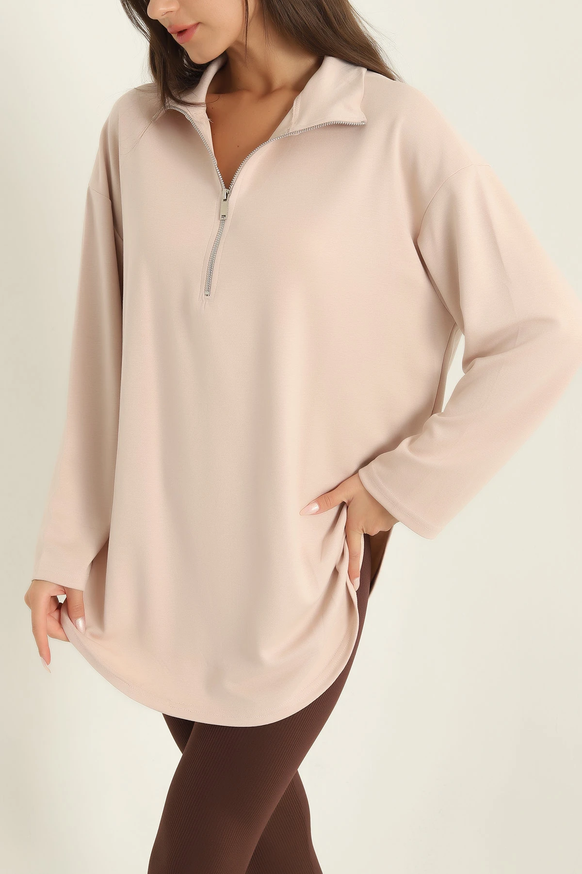 Taş Modal Yarım Fermuarlı Sweat Tunik 292506