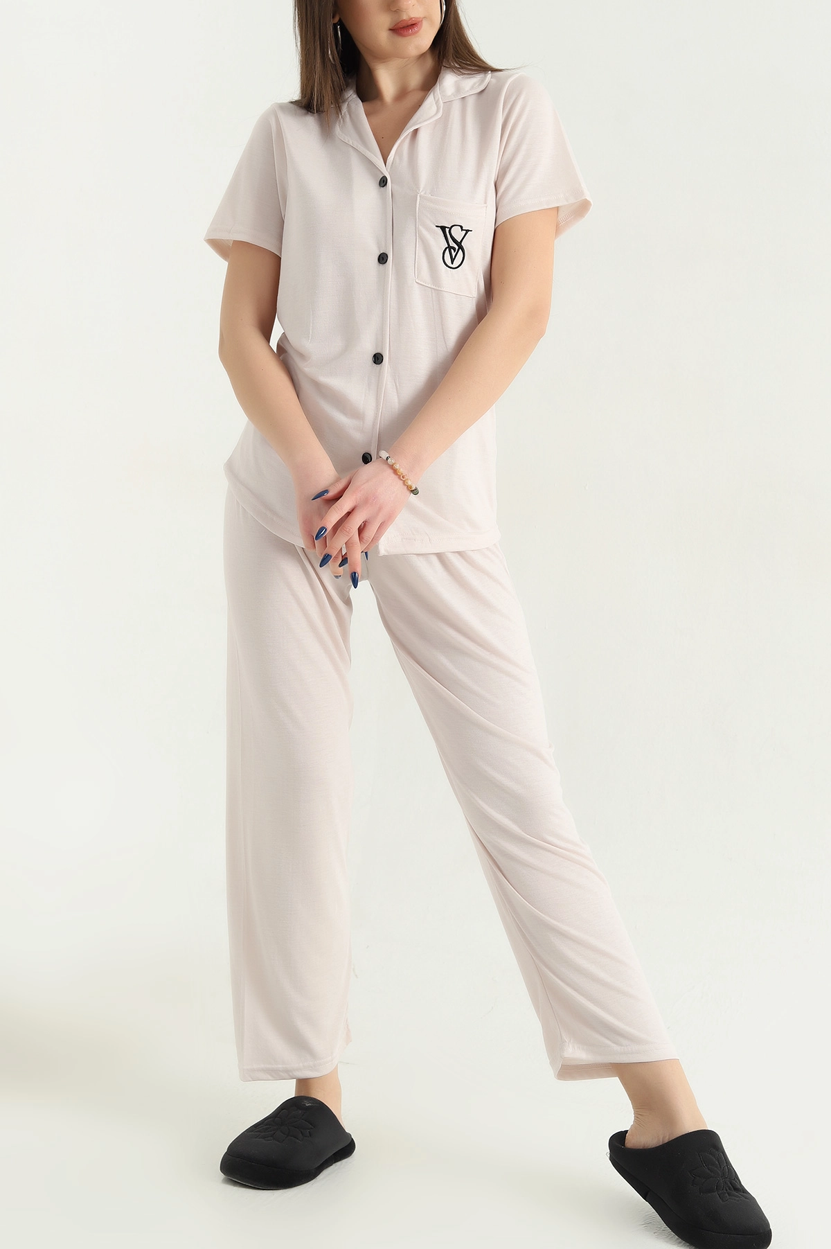Taş Nakışlı Düğmeli Viskon Pijama Takımı 338274