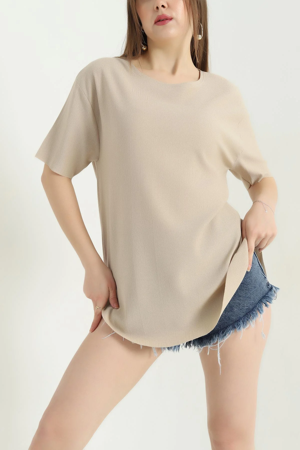 Taş Oval Kesim Dokulu Tişört 337677