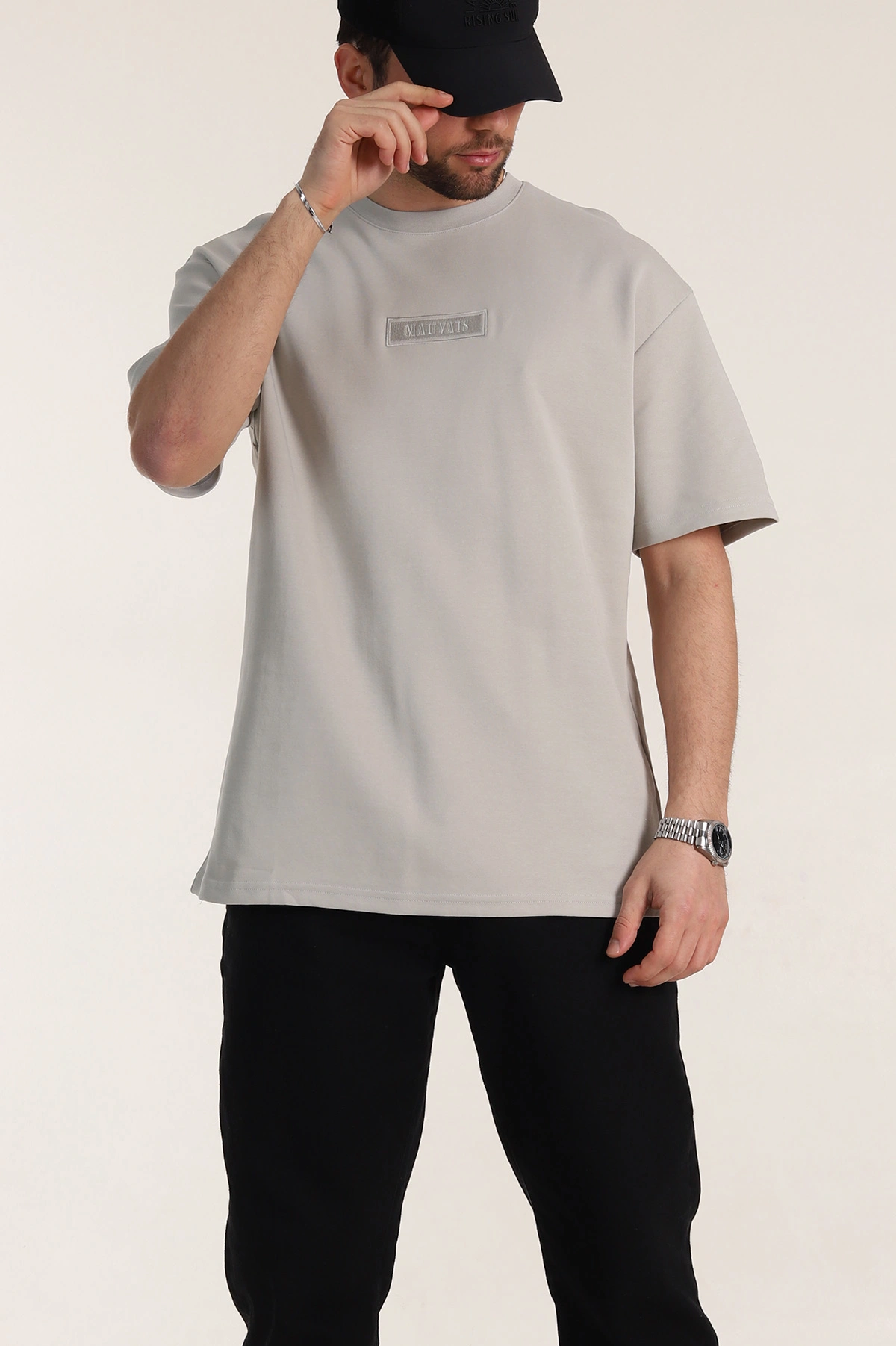 Taş Oversize Duble Kumaş Nakış Detaylı Erkek Tişört 345728