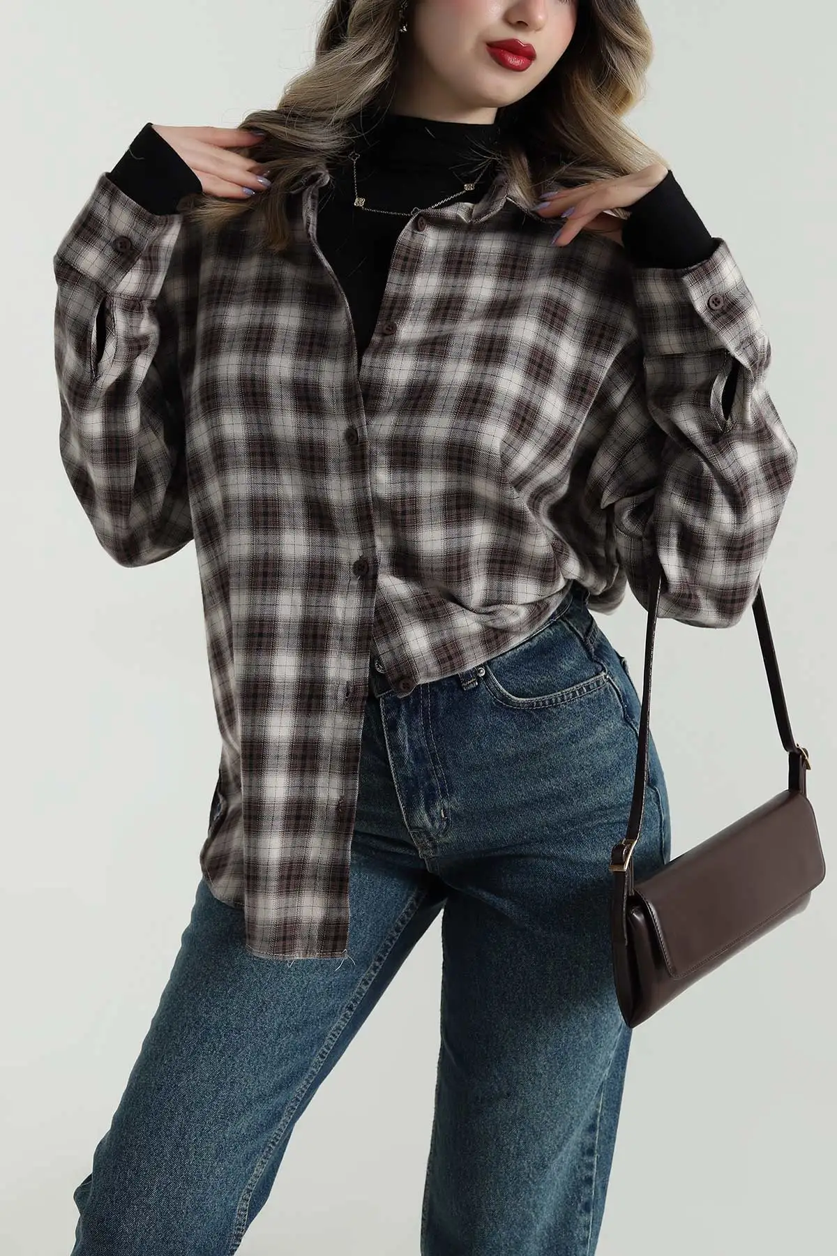 Taş Oversize Ekose Kadın Gömlek 496843