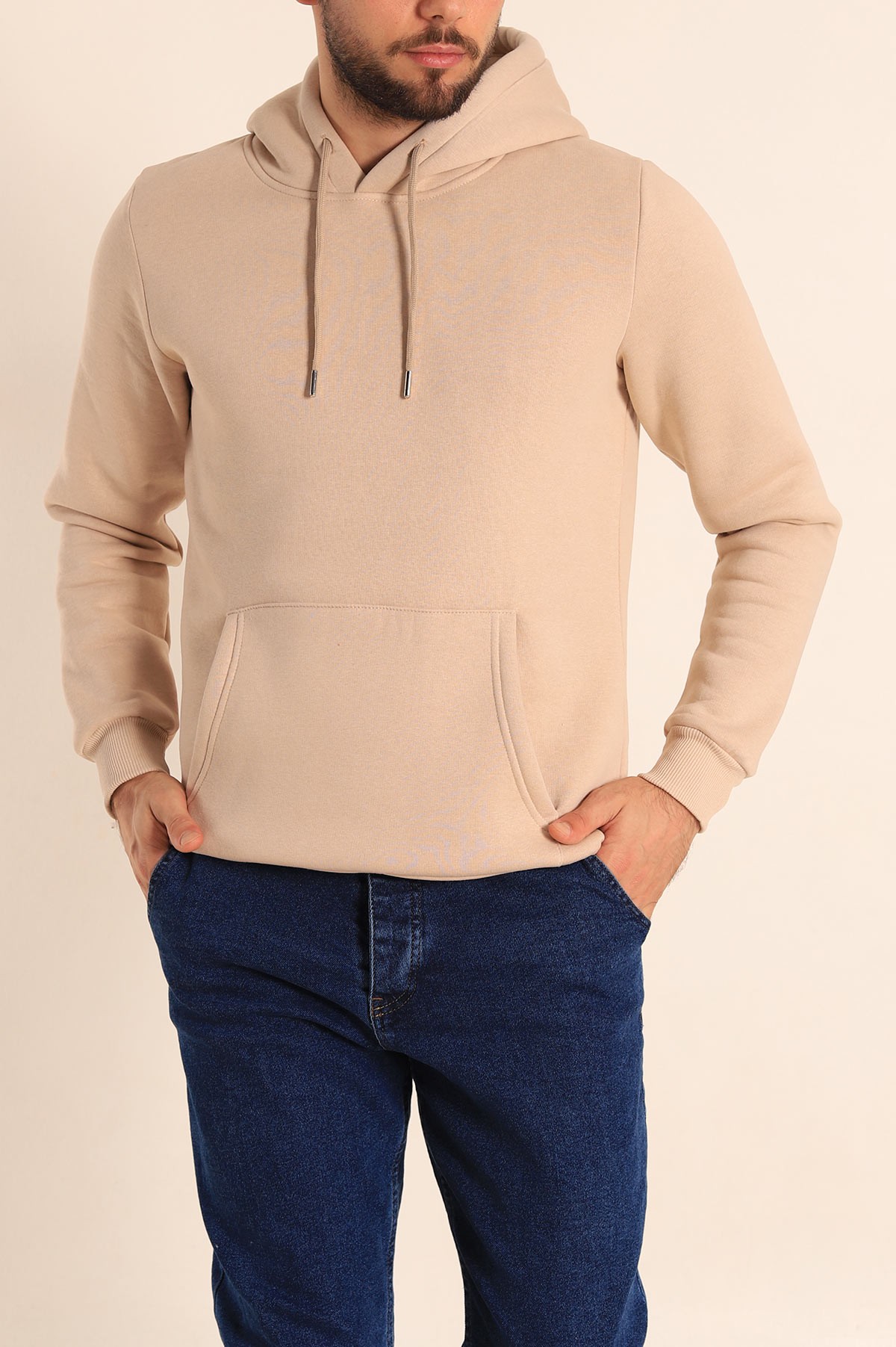 Taş Oversize Üç İp Şardonlu Basic Kapüşonlu Erkek Sweatshirt 222533