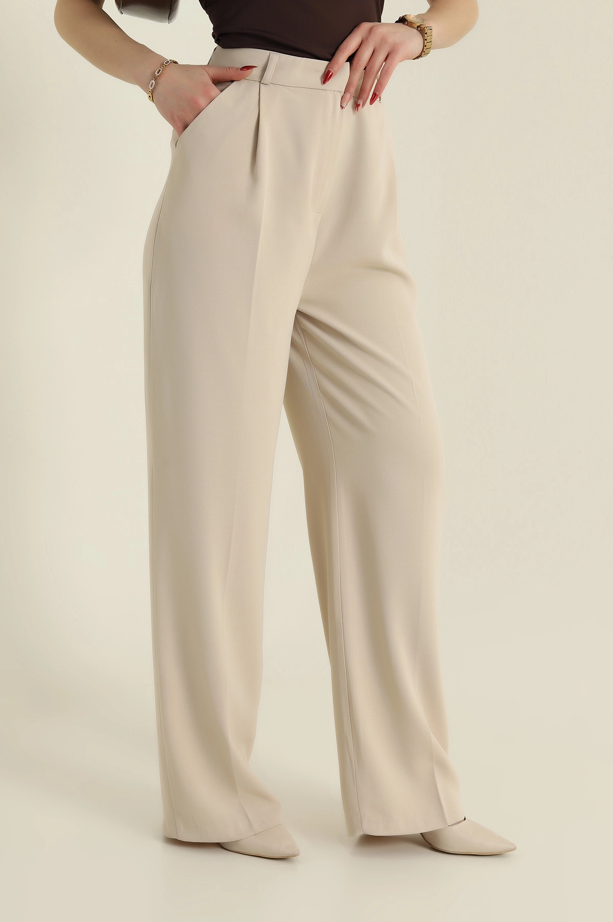 Taş Pileli Palazzo Twill Kadın Pantolon 425424