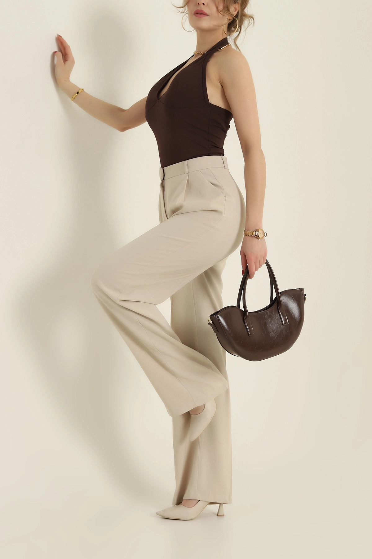 Taş Pileli Palazzo Twill Kadın Pantolon 425424