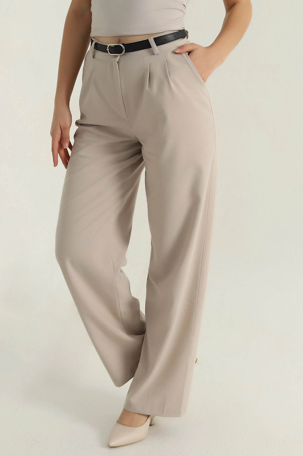 Taş Poliviskon Kemerli Kadın Pantolon 406371