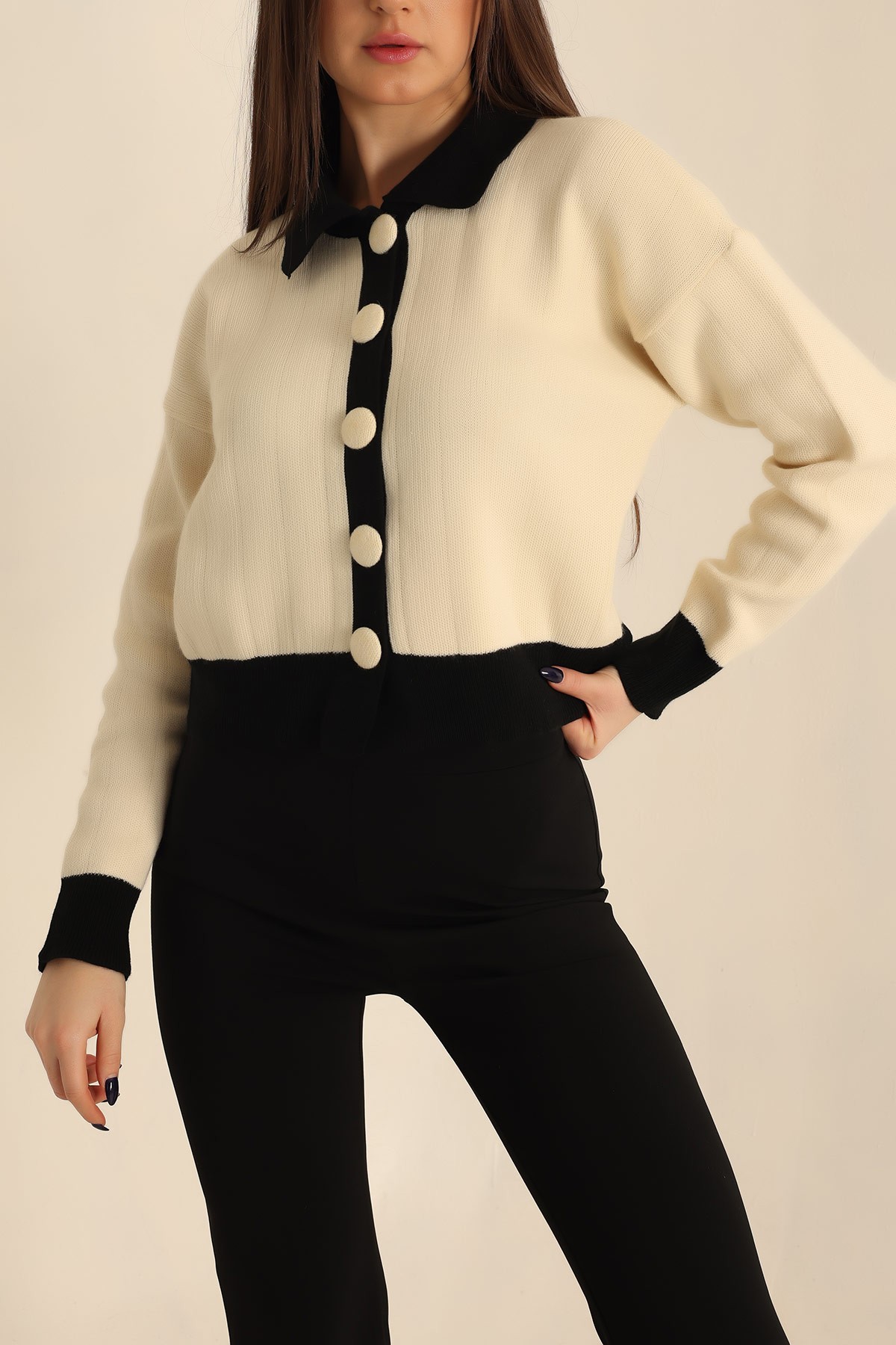 Taş Polo Yaka Düğmeli Bayan Triko 223665