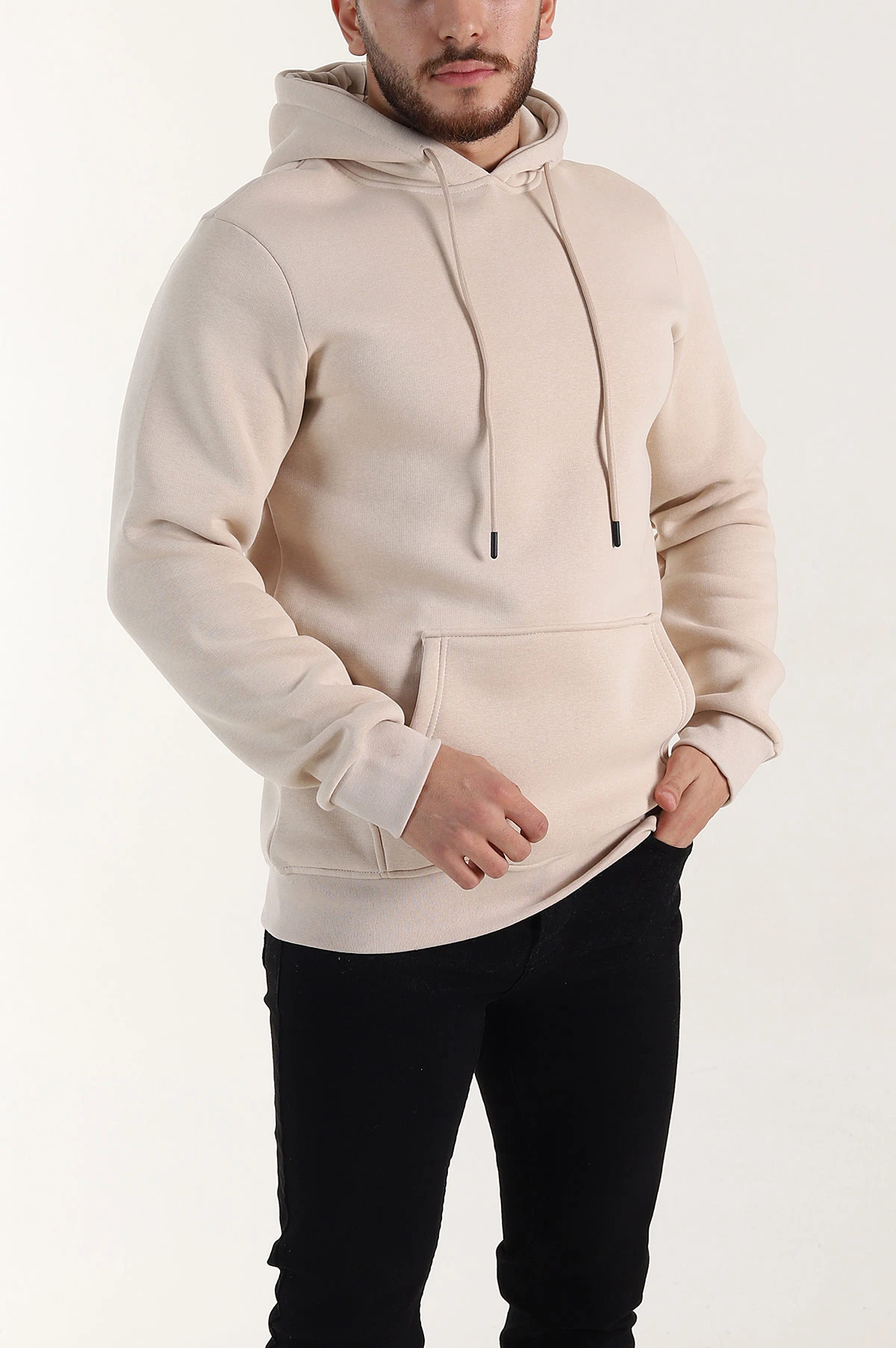 Taş Oversize Üç İp Şardonlu Erkek Basic Kapüşonlu Sweatshirt 400536