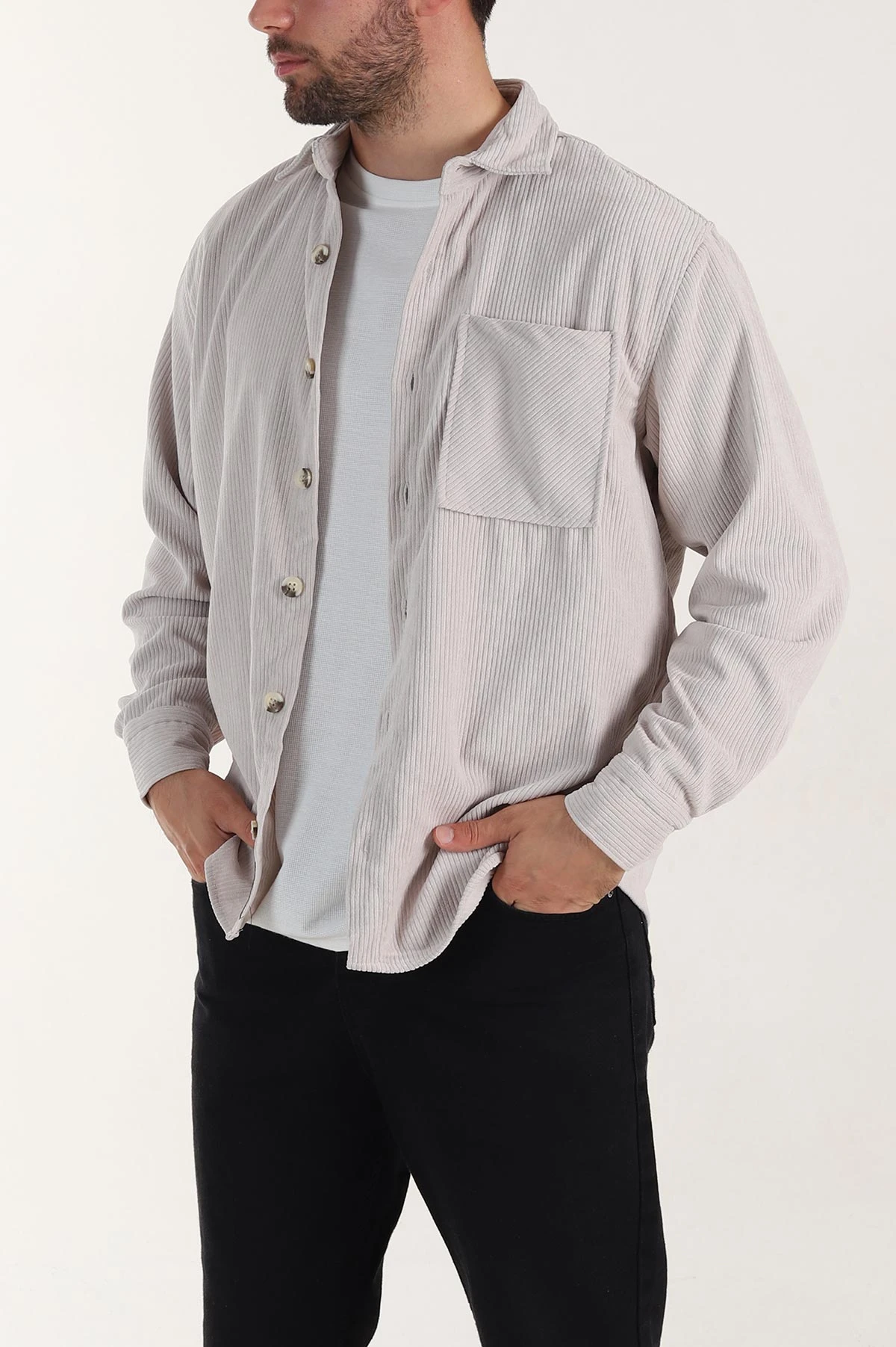 Taş Relaxed Fit Cep Detaylı Kalın Fitilli Kadife Erkek Gömlek 397933