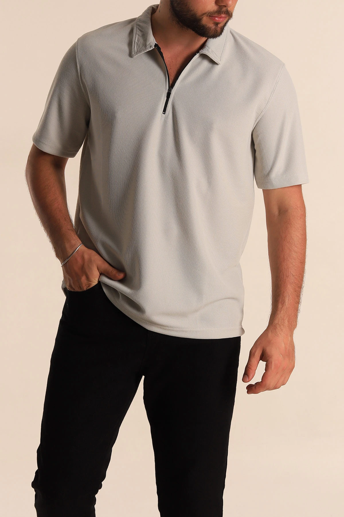 Taş Relaxed Fit Fermuarlı Polo Yaka Erkek Tişört 279204