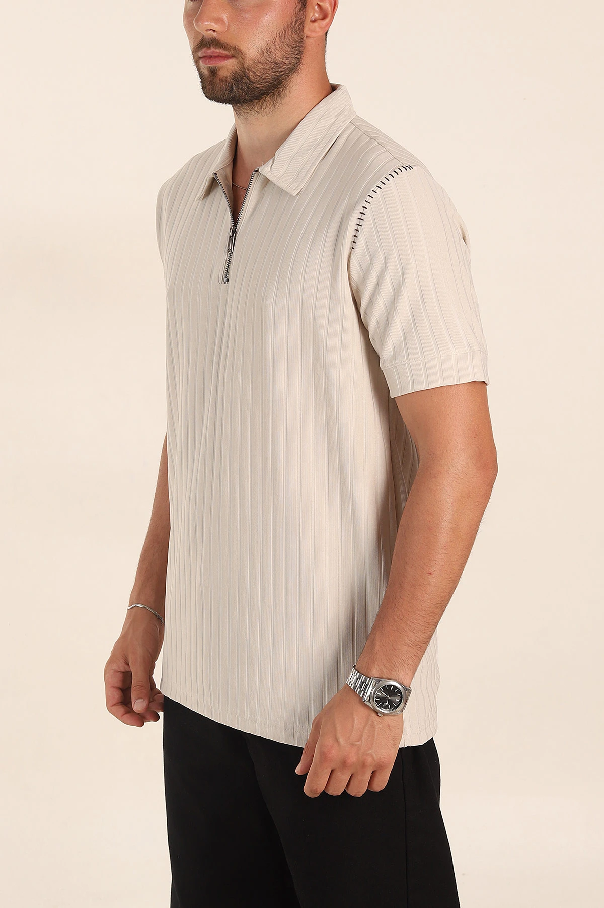 Taş Relaxed Fit Fitilli Doku Fermuarlı Polo Yaka Erkek Tişört 373055
