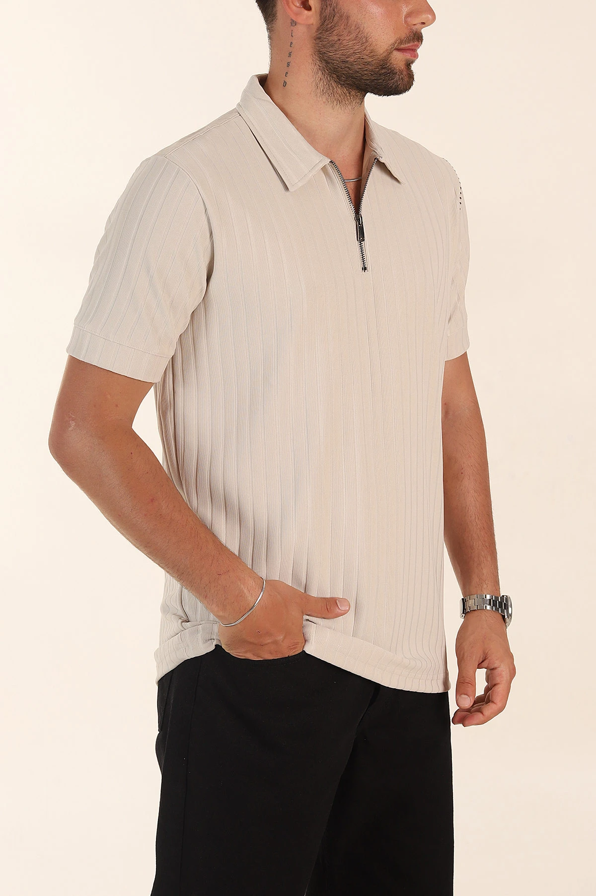 Taş Relaxed Fit Fitilli Doku Fermuarlı Polo Yaka Erkek Tişört 373055
