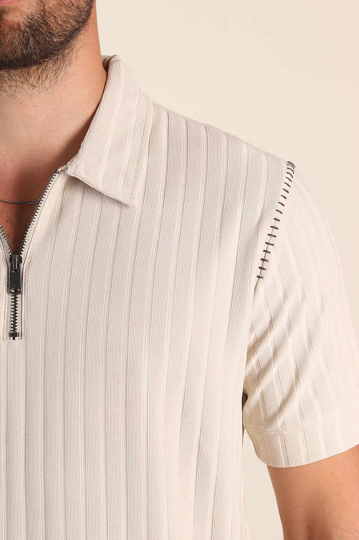 Taş Relaxed Fit Fitilli Doku Fermuarlı Polo Yaka Erkek Tişört 373055