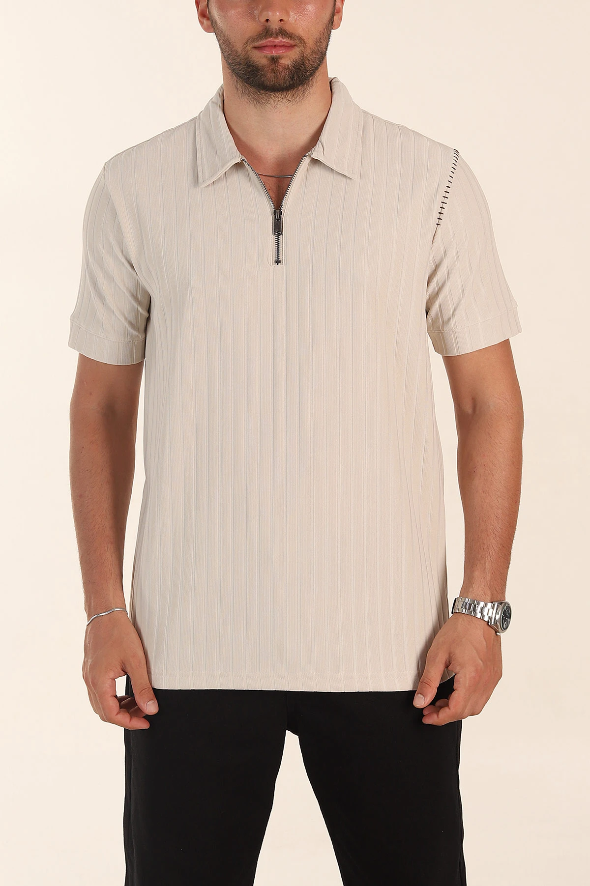 Taş Relaxed Fit Fitilli Doku Fermuarlı Polo Yaka Erkek Tişört 373055