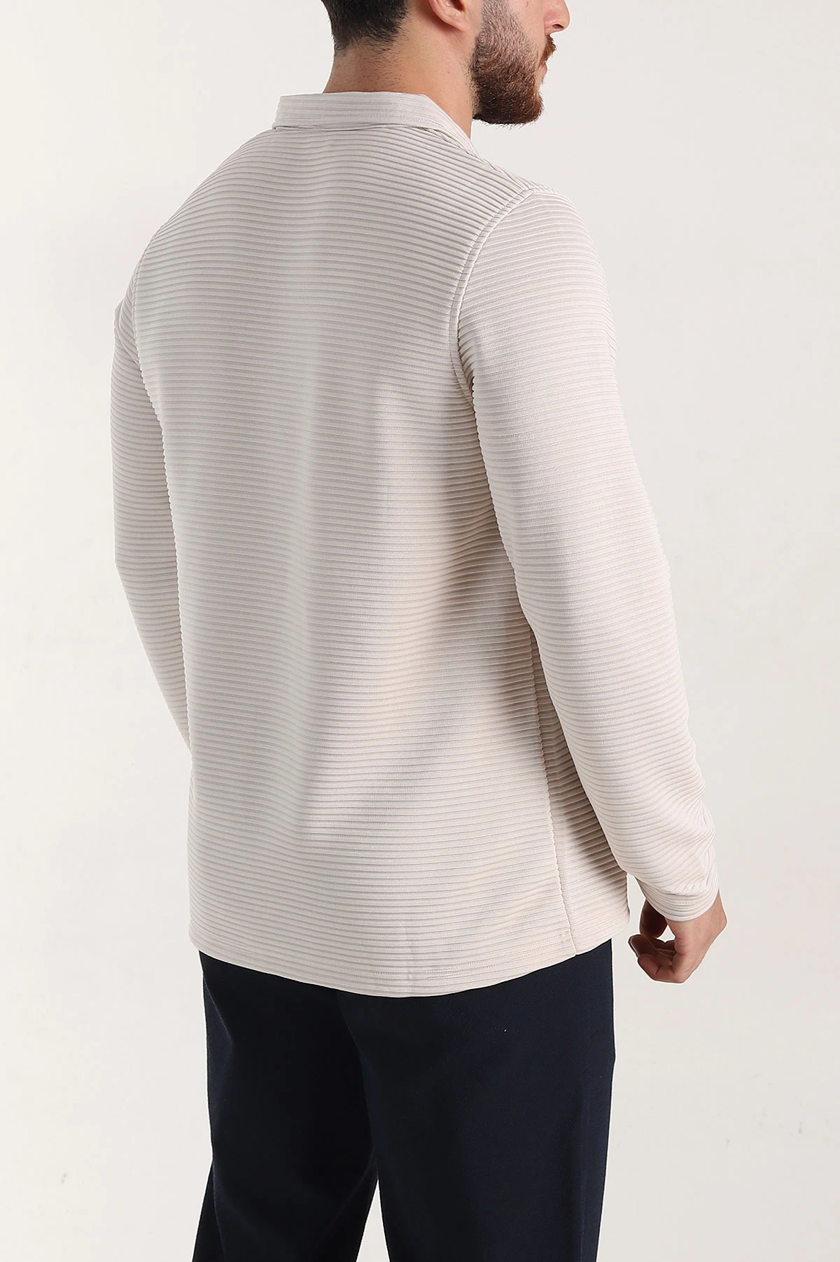 Taş Relaxed Fit Jakarlı Kumaş Kalın Fitilli Polo Yaka Sweatshirt 399557