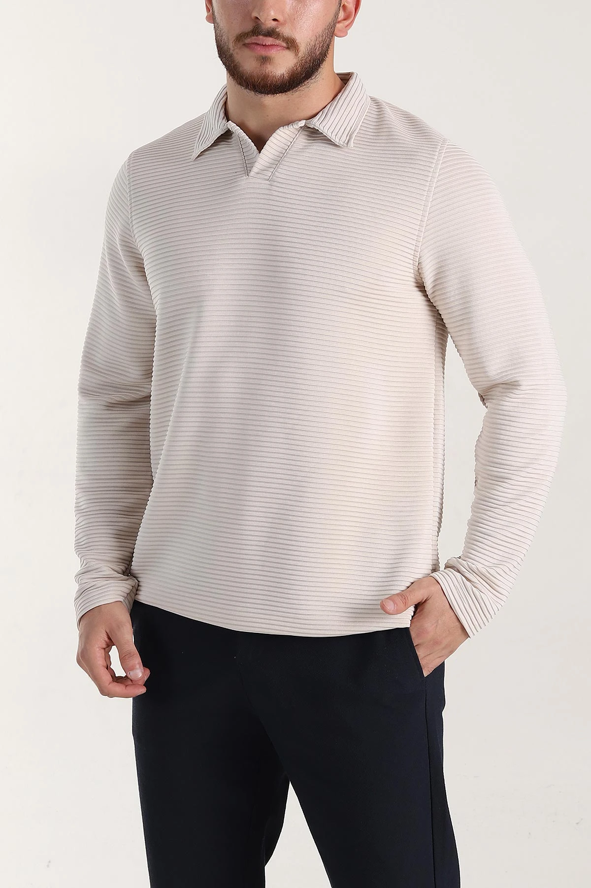 Taş Relaxed Fit Jakarlı Kumaş Kalın Fitilli Polo Yaka Sweatshirt 399557