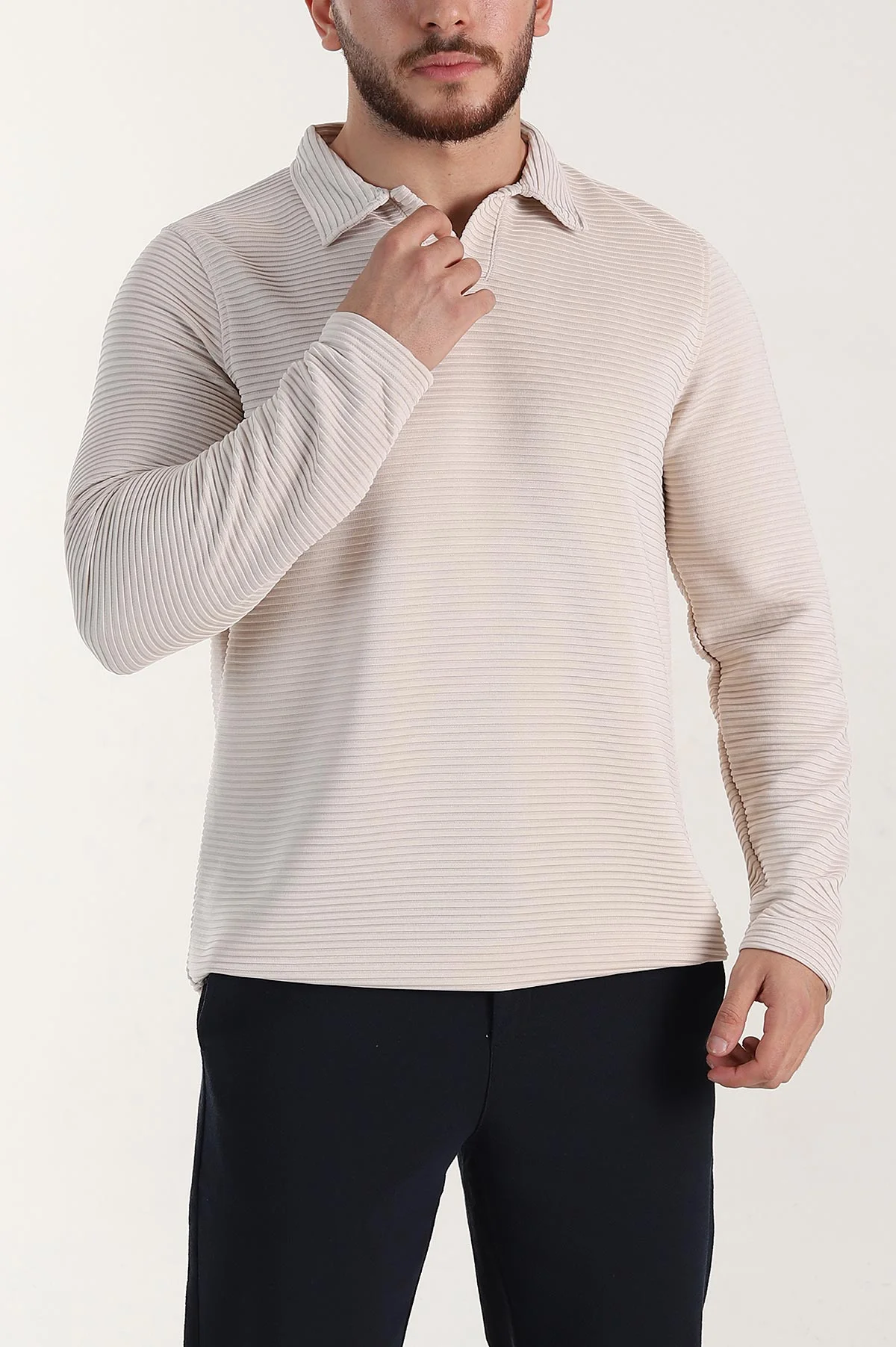 Taş Relaxed Fit Jakarlı Kumaş Kalın Fitilli Polo Yaka Sweatshirt 399557