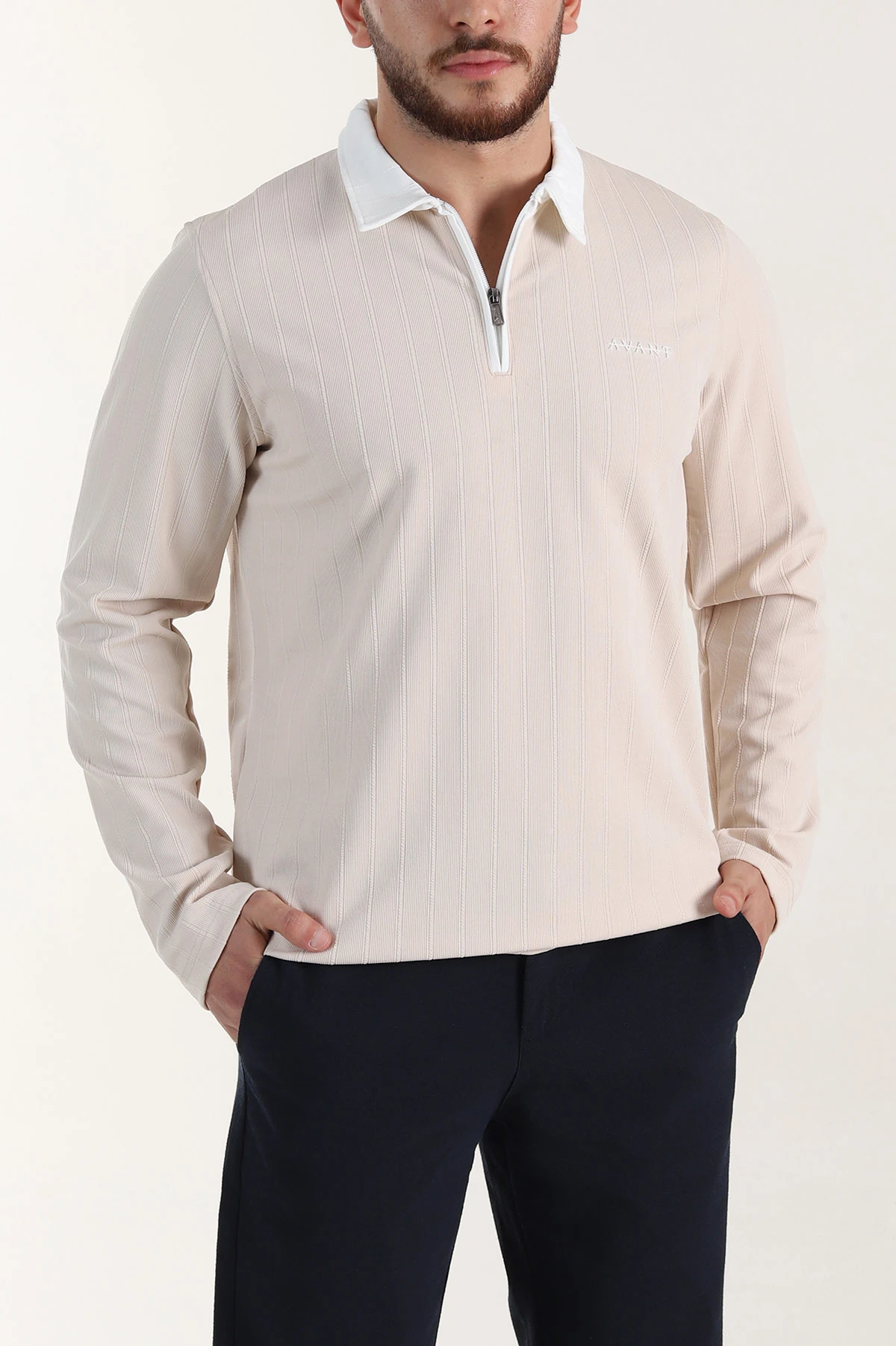 Taş Relaxed Fit Jakarlı Kumaş Yazı Detay Polo Yaka Erkek Sweatshirt 399381
