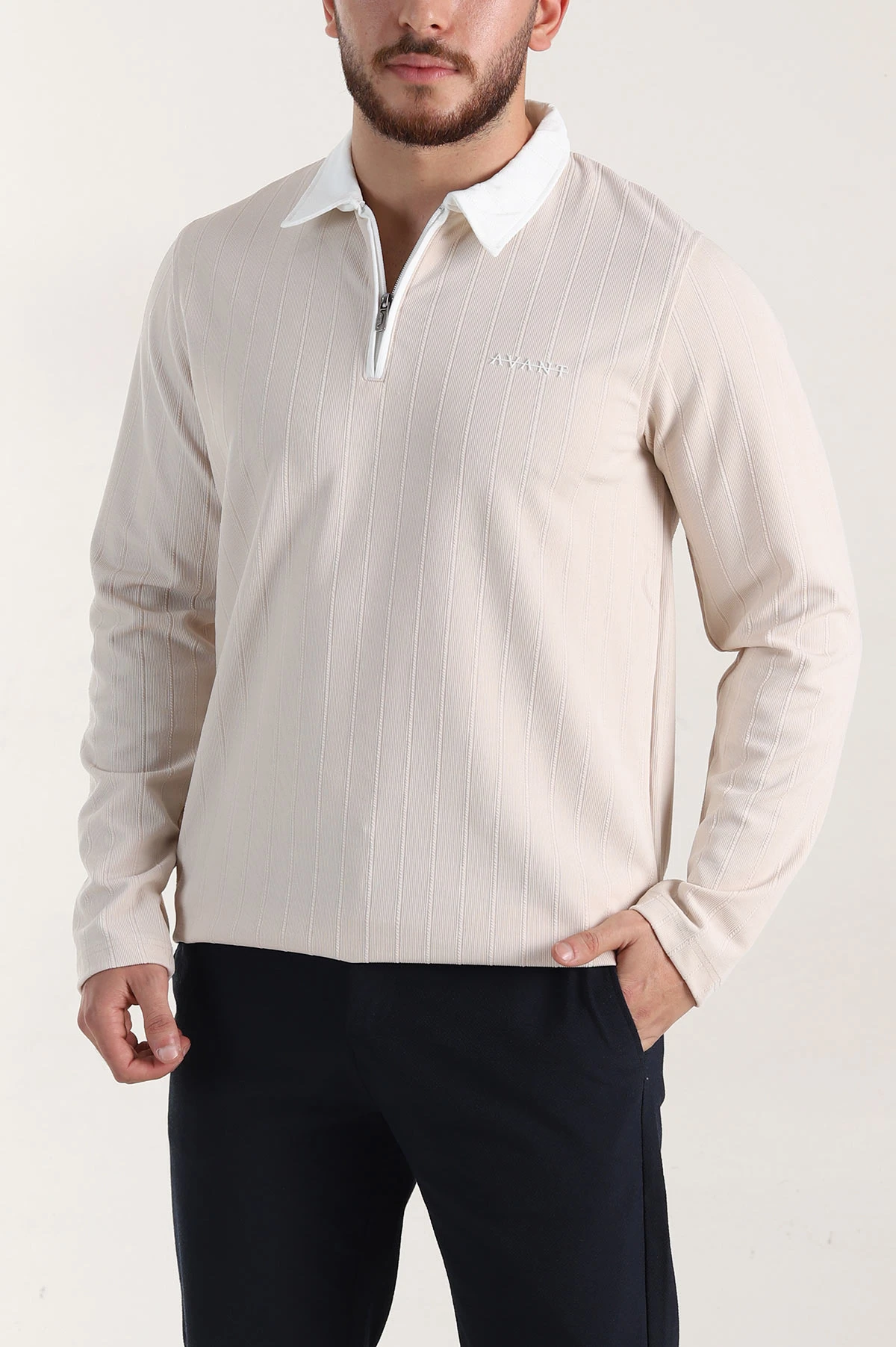 Taş Relaxed Fit Jakarlı Kumaş Yazı Detay Polo Yaka Erkek Sweatshirt 399381