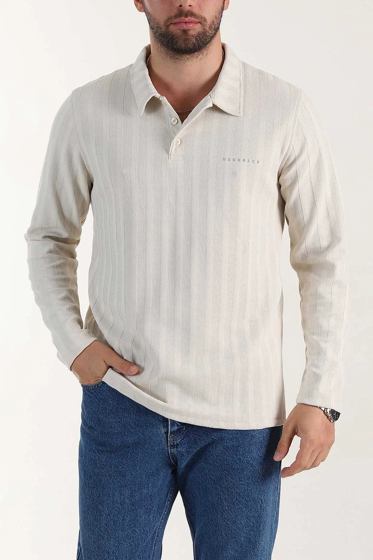 Taş Relaxed Fit Jakarlı Kumaş Yazı Detay Polo Yaka Erkek Sweatshirt 399386