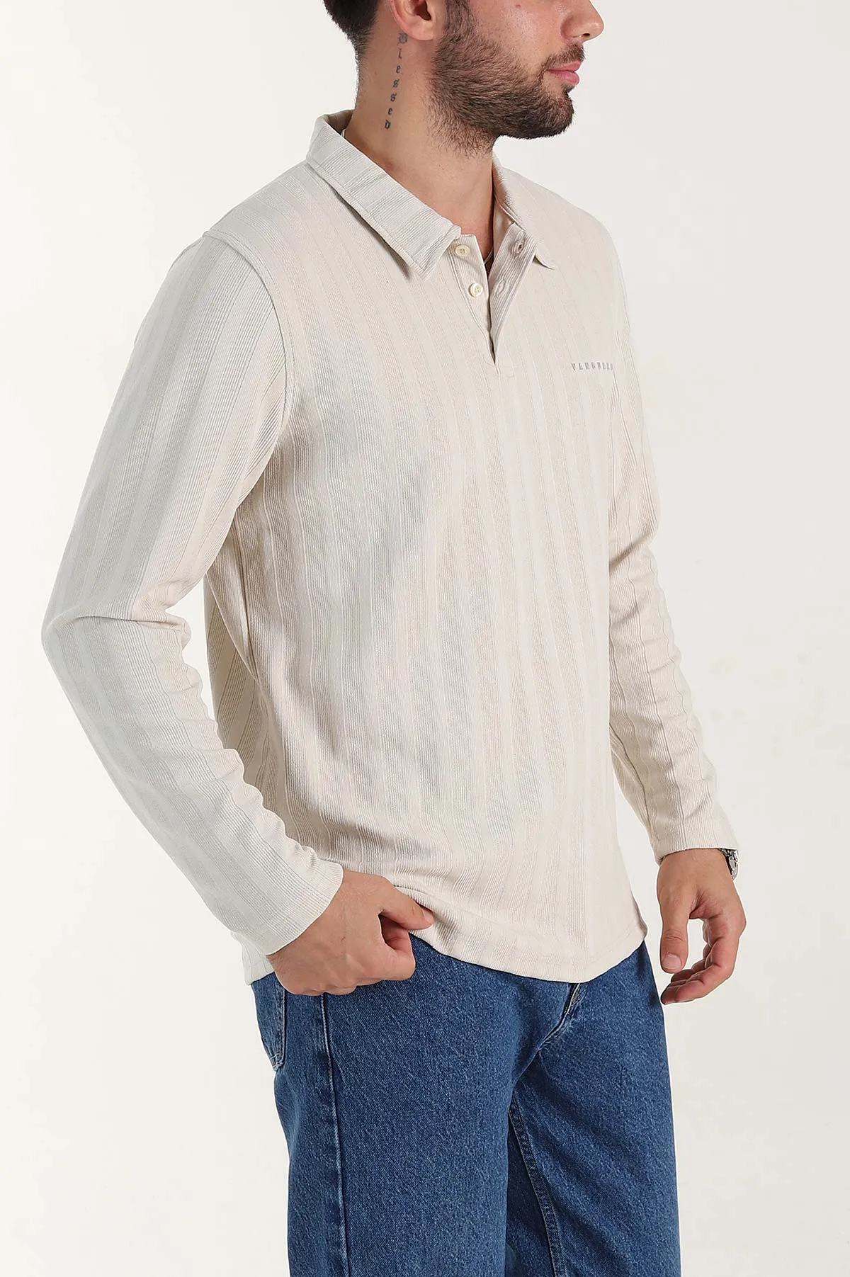Taş Relaxed Fit Jakarlı Kumaş Yazı Detay Polo Yaka Erkek Sweatshirt 399386