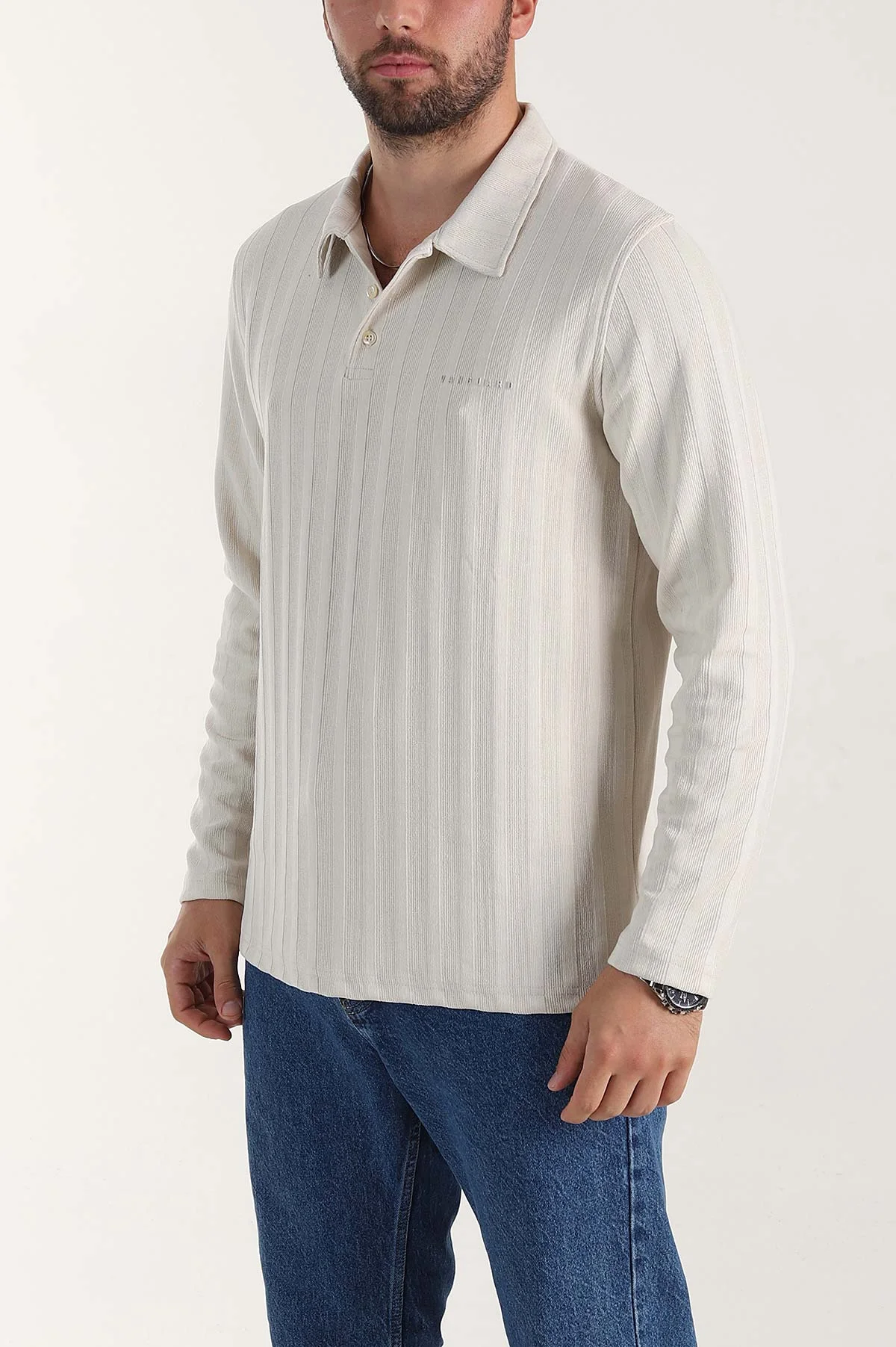Taş Relaxed Fit Jakarlı Kumaş Yazı Detay Polo Yaka Erkek Sweatshirt 399386