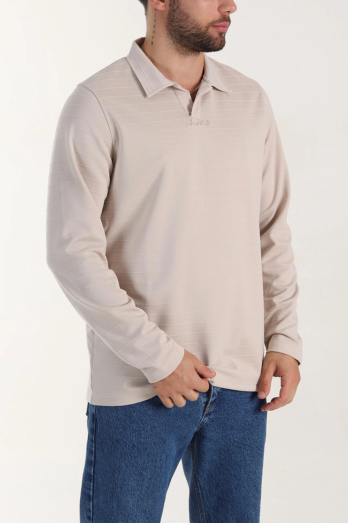 Taş Relaxed Fit Jakarlı Kumaş Yazı Detaylı Polo Yaka Erkek Sweatshirt 399450