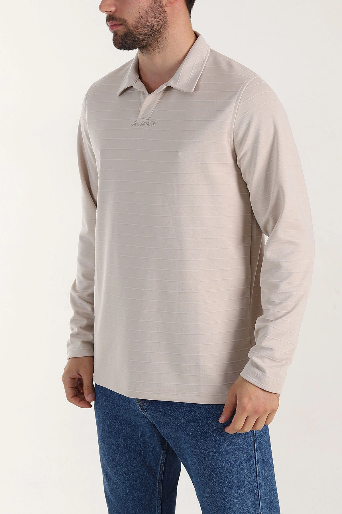 Taş Relaxed Fit Jakarlı Kumaş Yazı Detaylı Polo Yaka Erkek Sweatshirt 399450