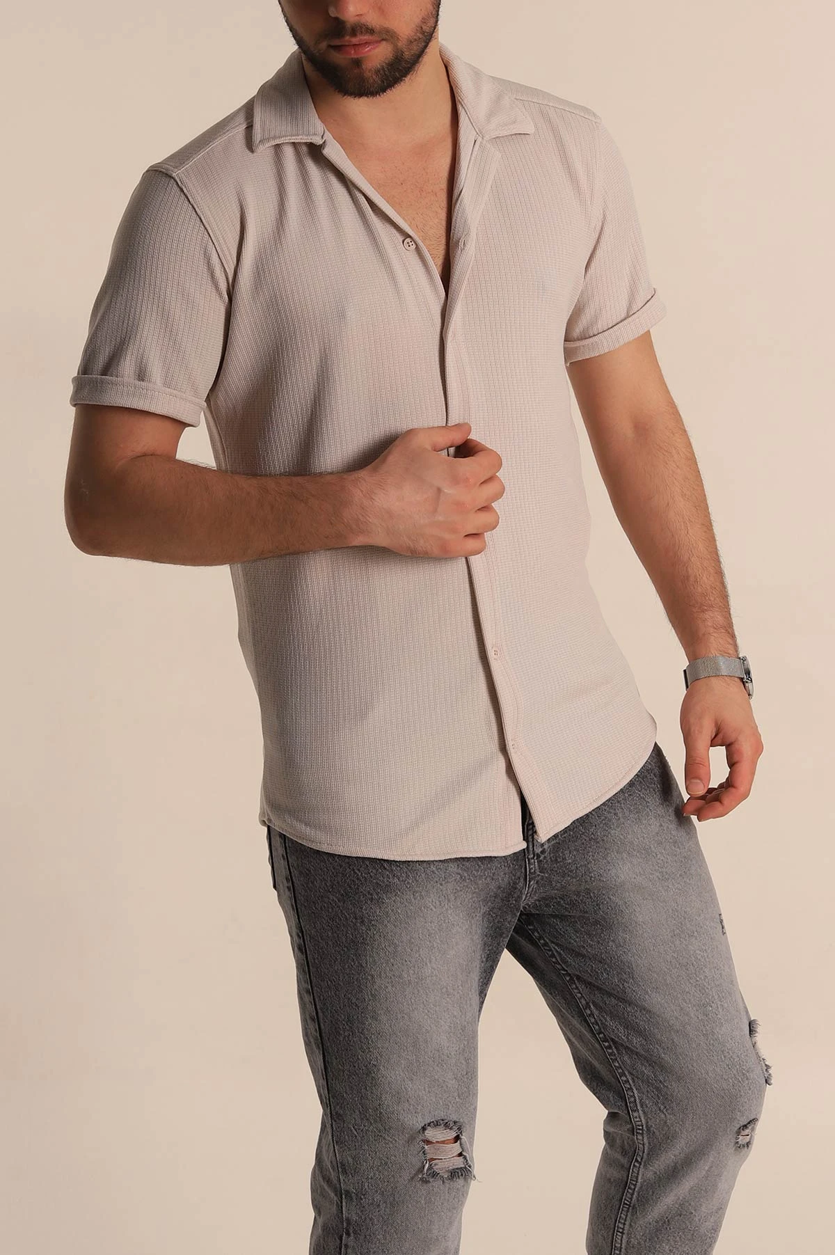 Taş Relaxed Fit Örme Duble Kısa Kollu Erkek Gömlek 275342