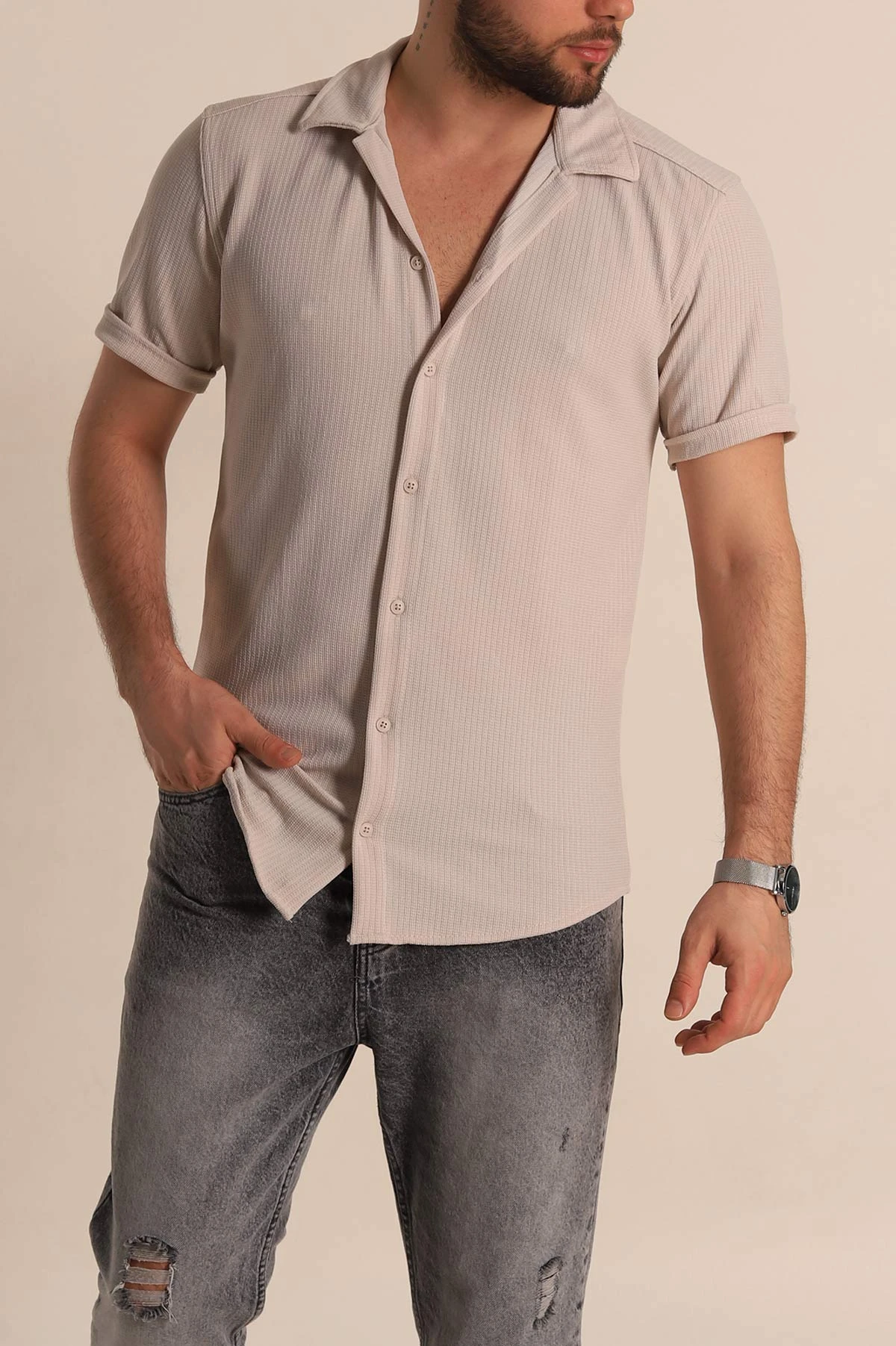 Taş Relaxed Fit Örme Duble Kısa Kollu Erkek Gömlek 275342