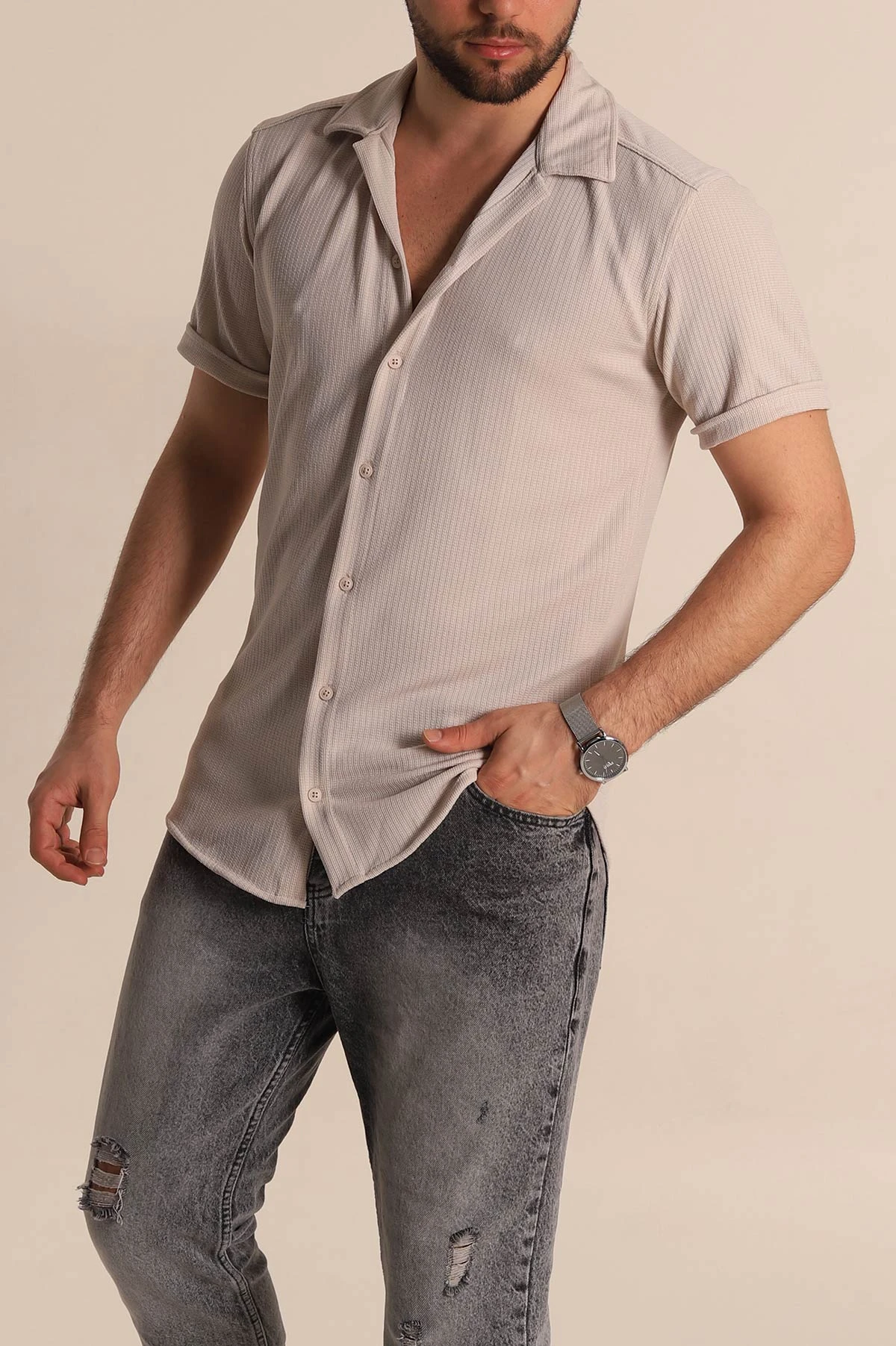 Taş Relaxed Fit Örme Duble Kısa Kollu Erkek Gömlek 275342