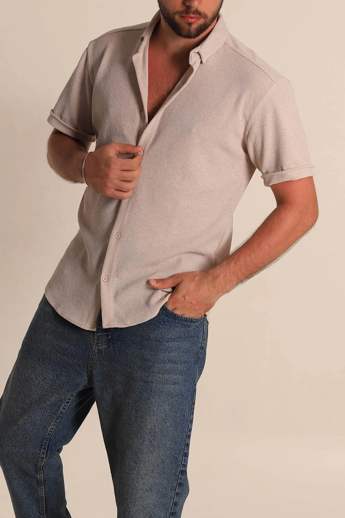 Taş Relaxed Fit Örme Duble Kısa Kollu Erkek Gömlek 278364