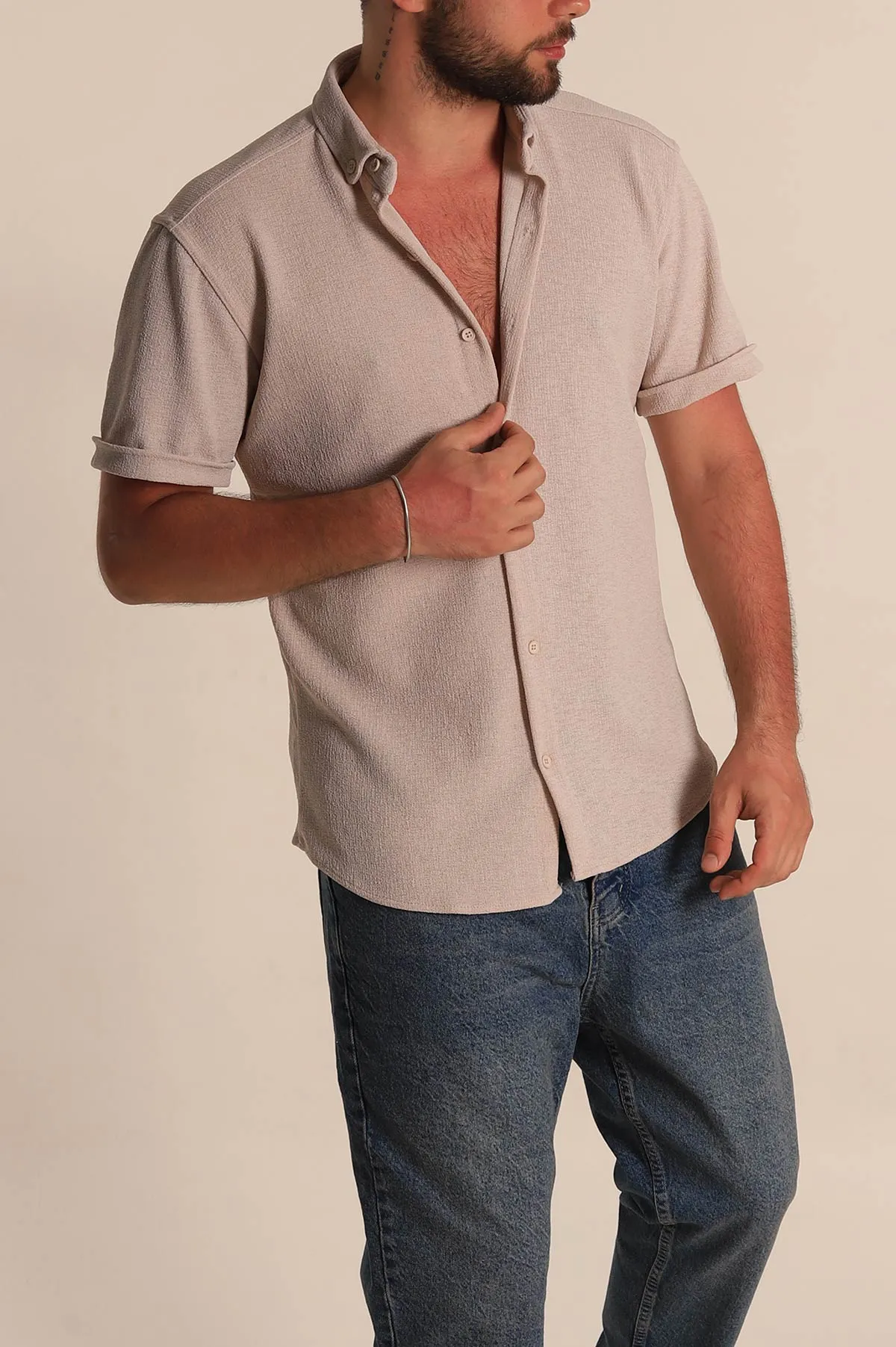 Taş Relaxed Fit Örme Duble Kısa Kollu Erkek Gömlek 278364