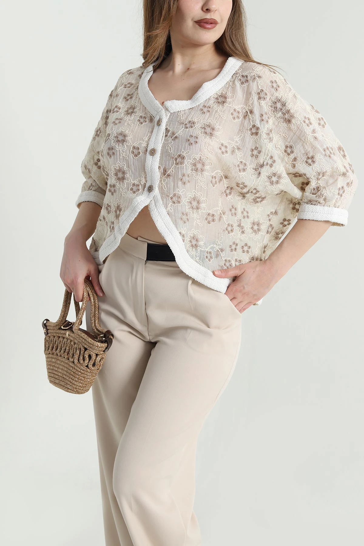 Taş Şerit Detay Nakışlı Tencel Kadın Hırka 464167