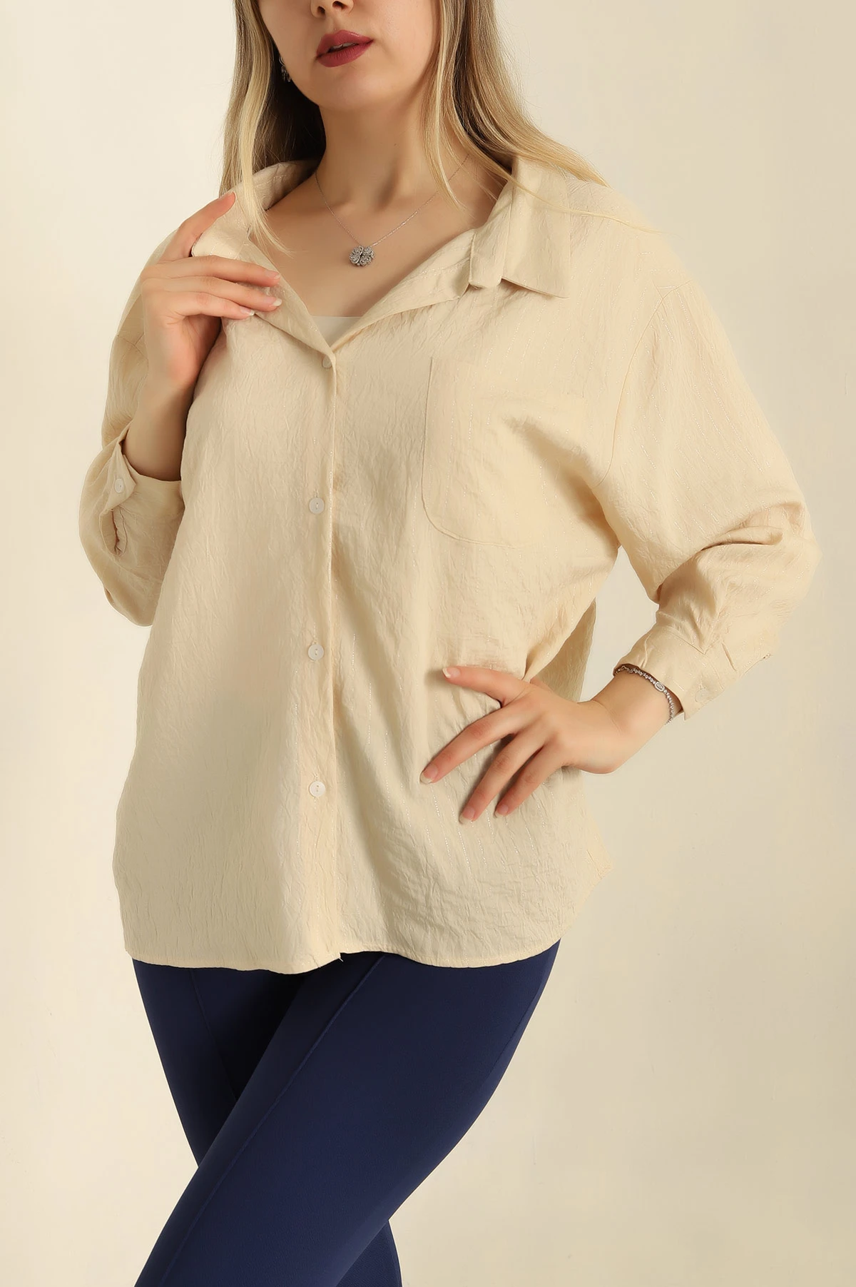 Taş Sim Çizgili Oversize Gömlek 260808