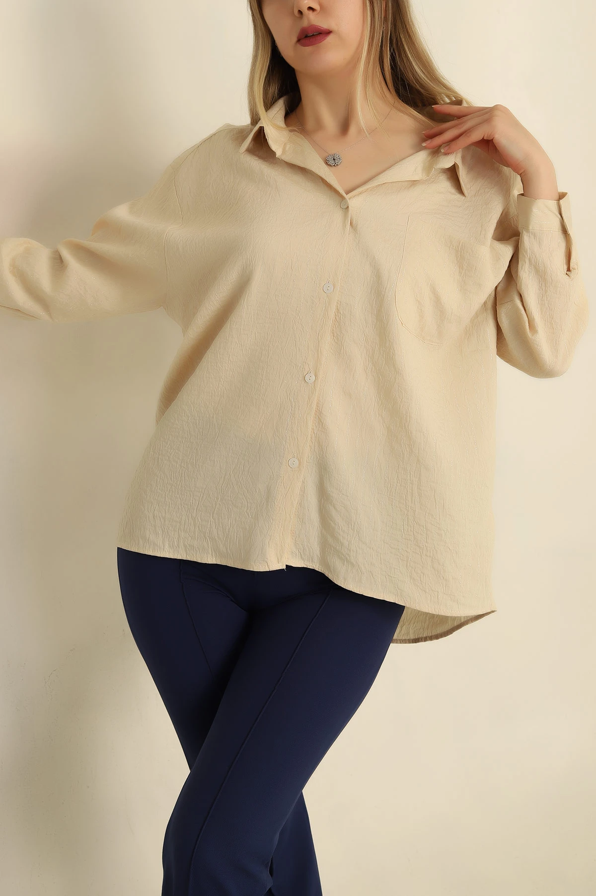 Taş Sim Çizgili Oversize Gömlek 260808