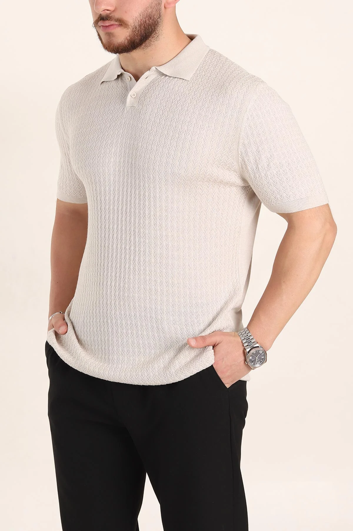 Taş Slim Fit Desenli Düğmeli Polo Yaka Erkek Tişört 358320