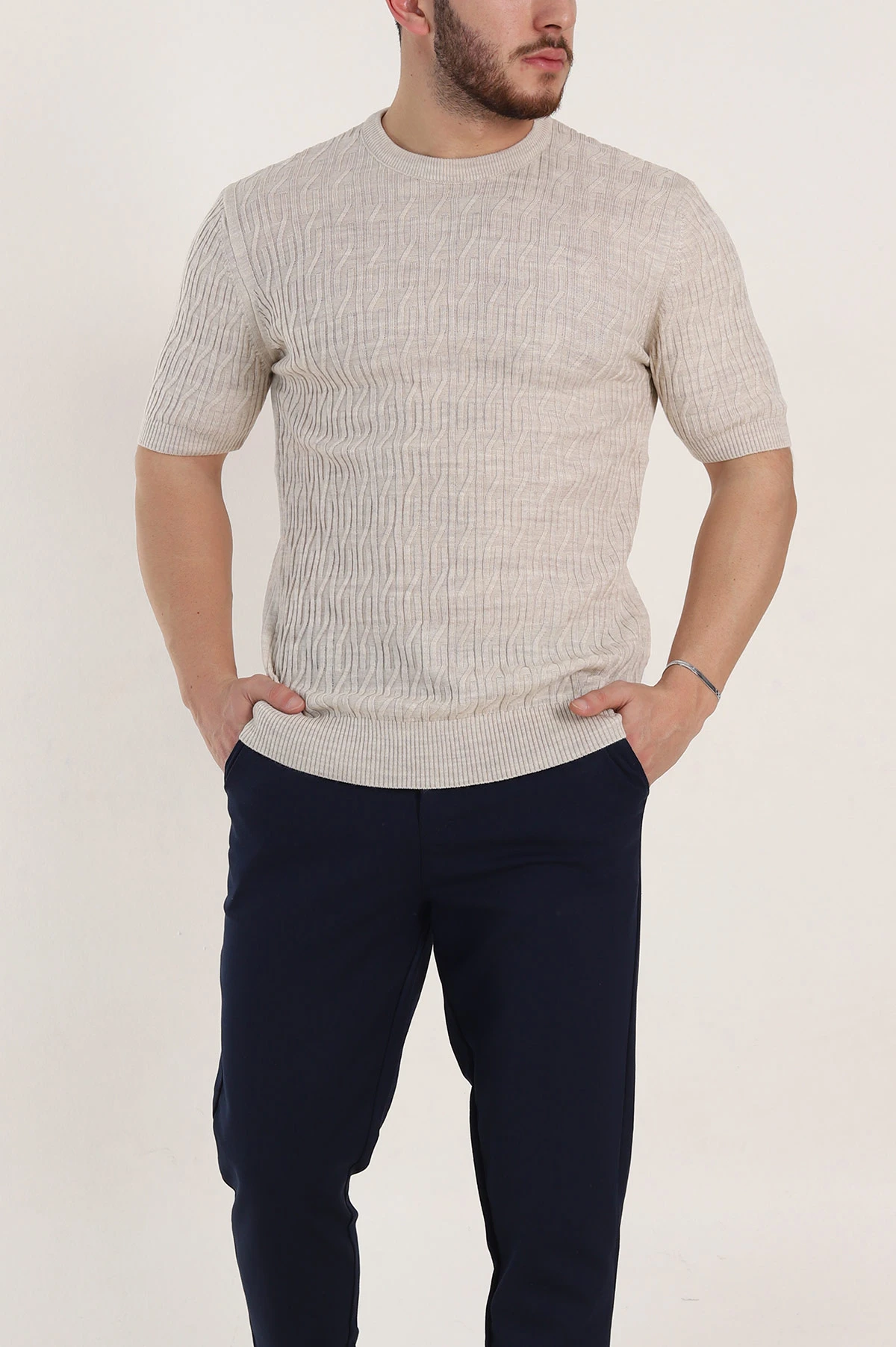 Taş Slim Fit Dokulu Kısa Kollu Erkek Triko Tişört 338900