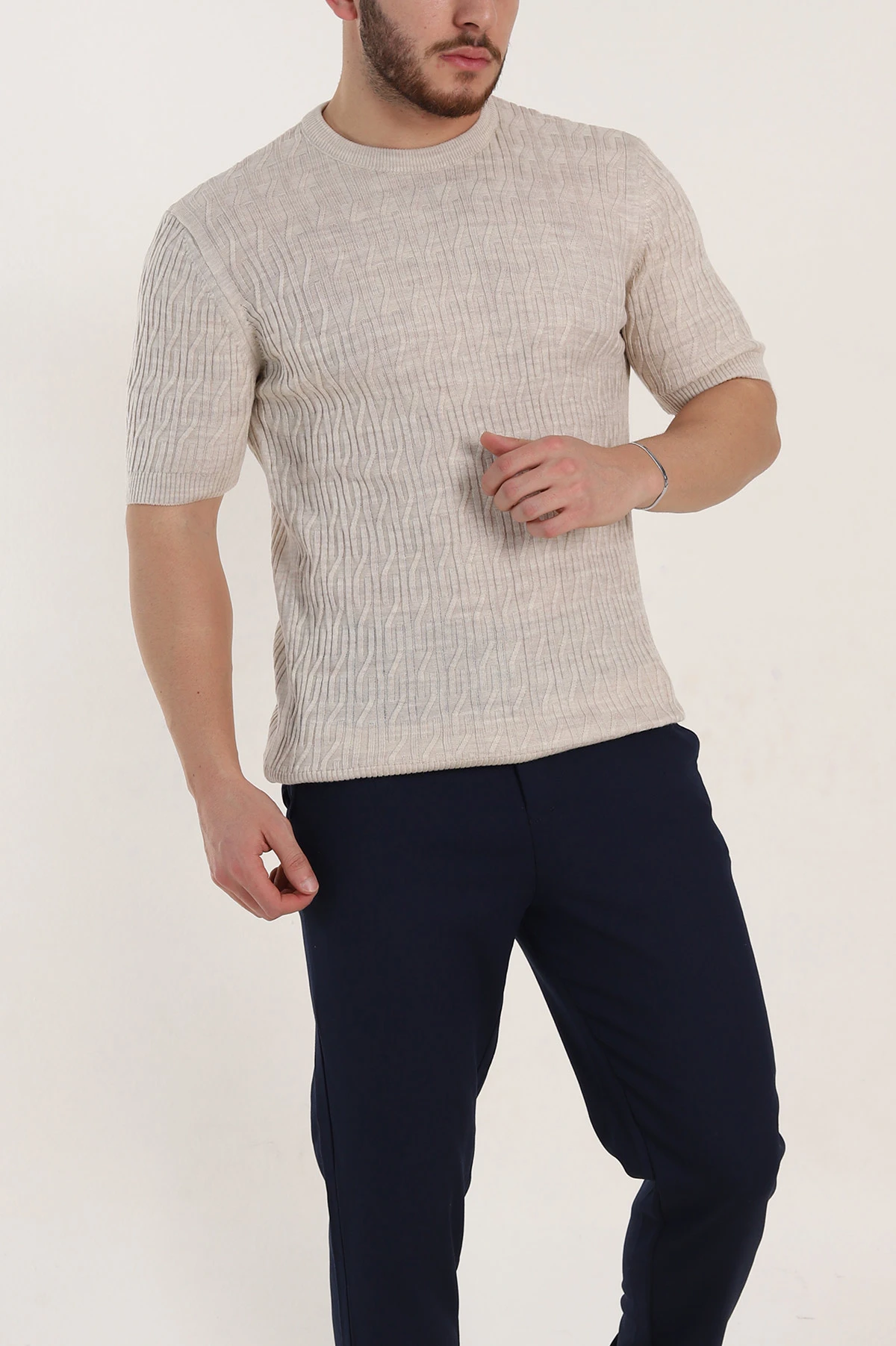 Taş Slim Fit Dokulu Kısa Kollu Erkek Triko Tişört 338900