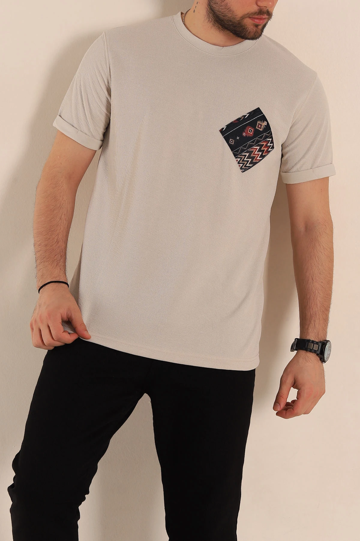 Taş Slim Fit Etnik Desen Yamalı Duble Kol Erkek Tişört 268711
