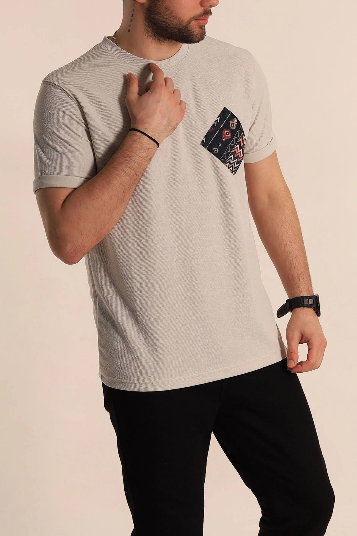 Taş Slim Fit Etnik Desen Yamalı Duble Kol Erkek Tişört 268711