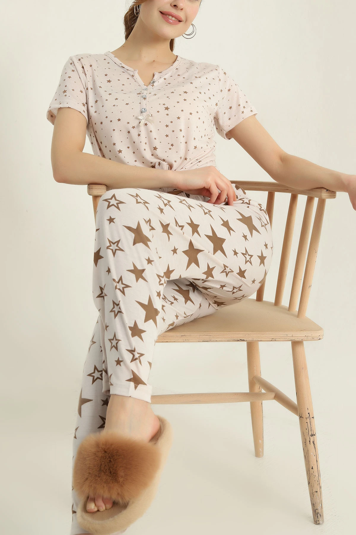 Taş Viskon Düğmeli Kadın Pijama Takımı 347399