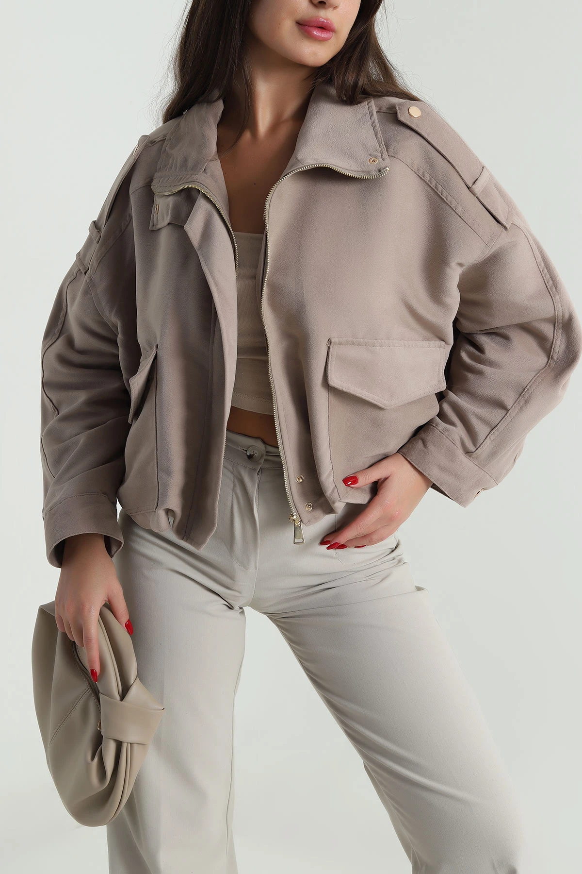 Taş Yarasa Kol Kadın Süet Bomber Mont 490559