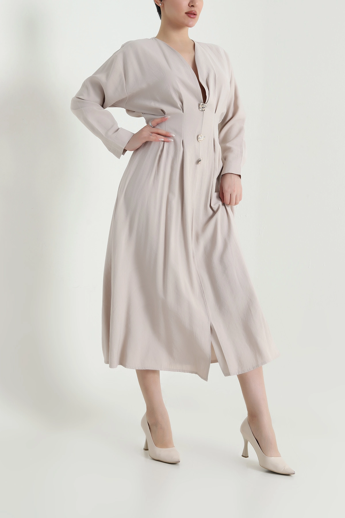 Taş Yırtmaçlı Tencel Kadın Elbise 449040