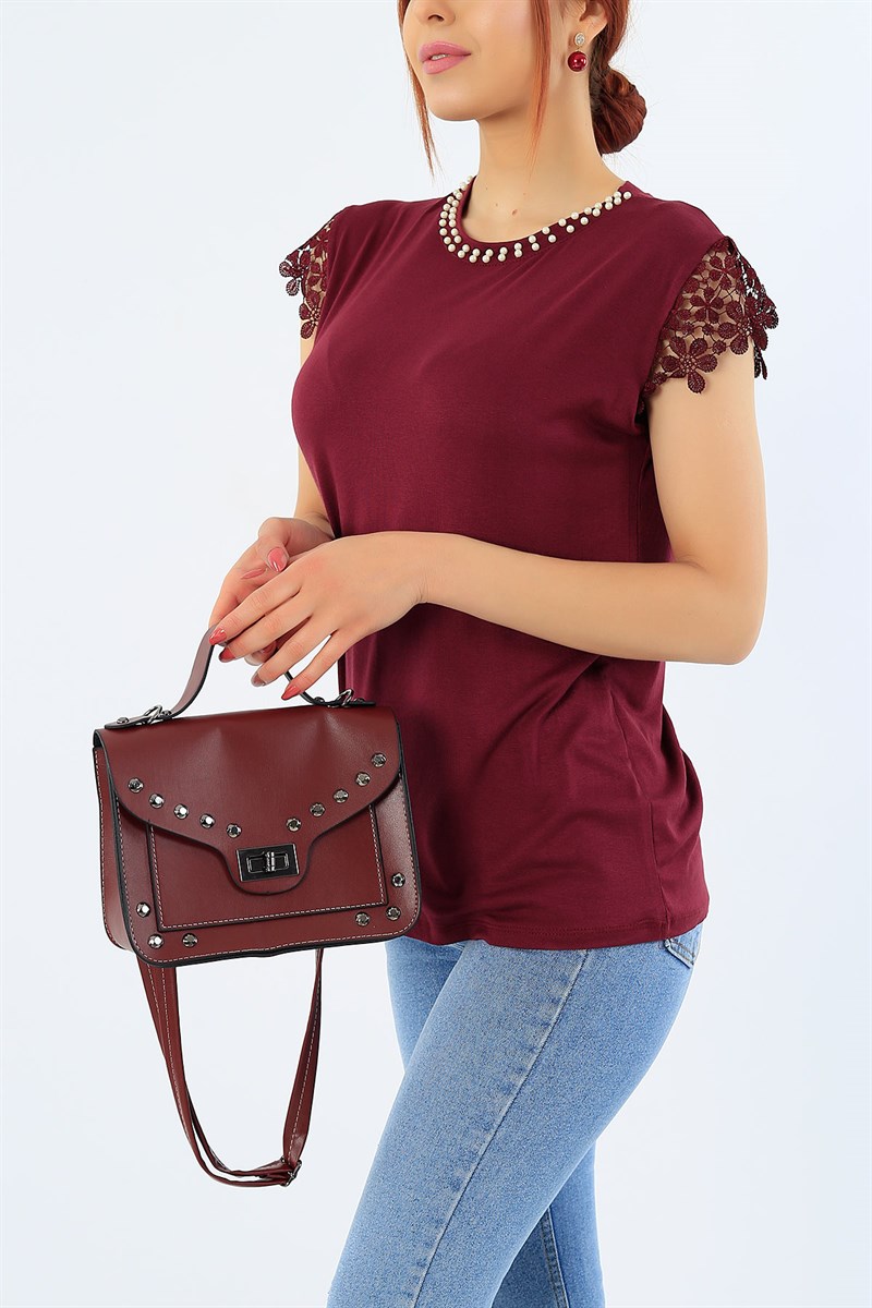 Taşlı Bordo Bayan El ve Omuz Çantası 31698