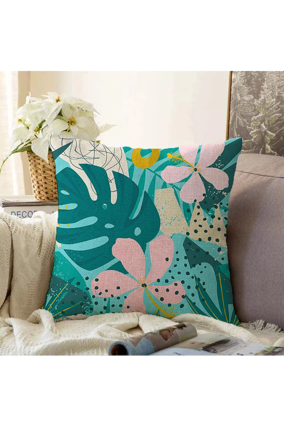 Yeşil 43x43 Dijital Baskılı Fermuarlı Modern Kırlent Kılıfı 272881