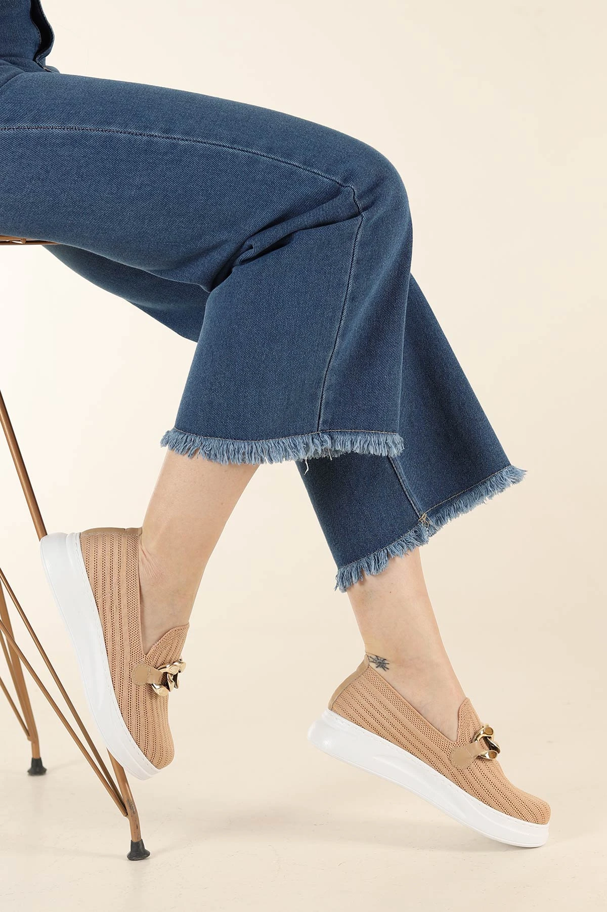 Ten Beyaz Triko Gold Tokalı Kadın Loafer Ayakkabı 275163