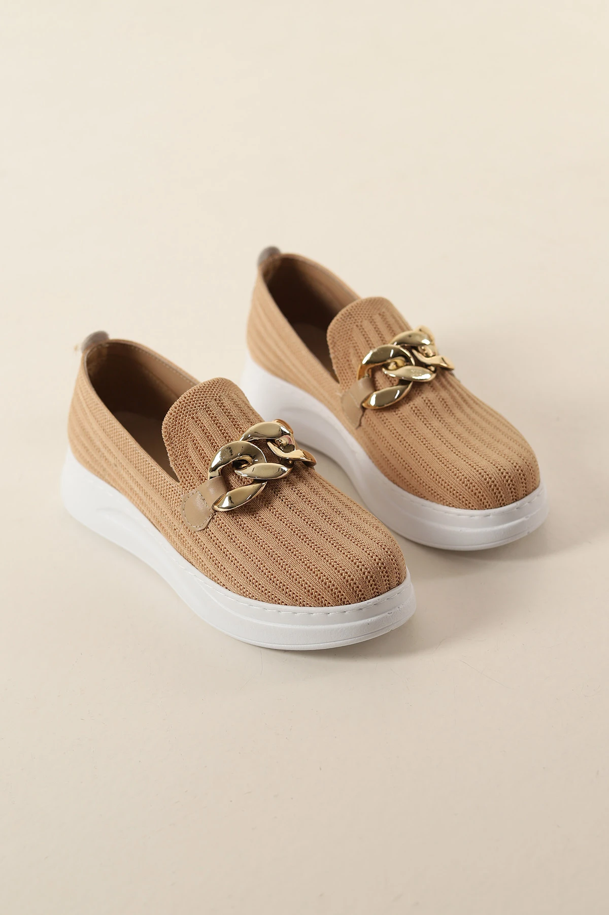 Ten Beyaz Triko Gold Tokalı Kadın Loafer Ayakkabı 275163