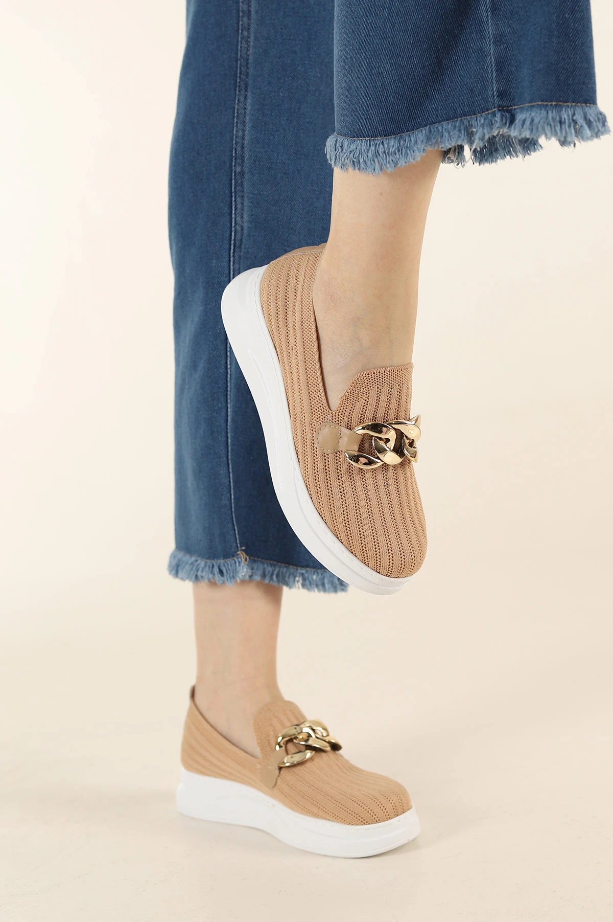 Ten Beyaz Triko Gold Tokalı Kadın Loafer Ayakkabı 275163