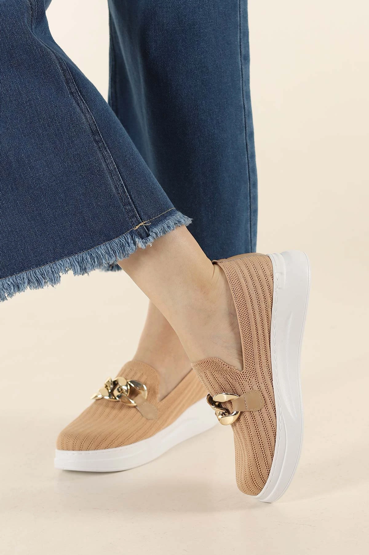 Ten Beyaz Triko Gold Tokalı Kadın Loafer Ayakkabı 275163