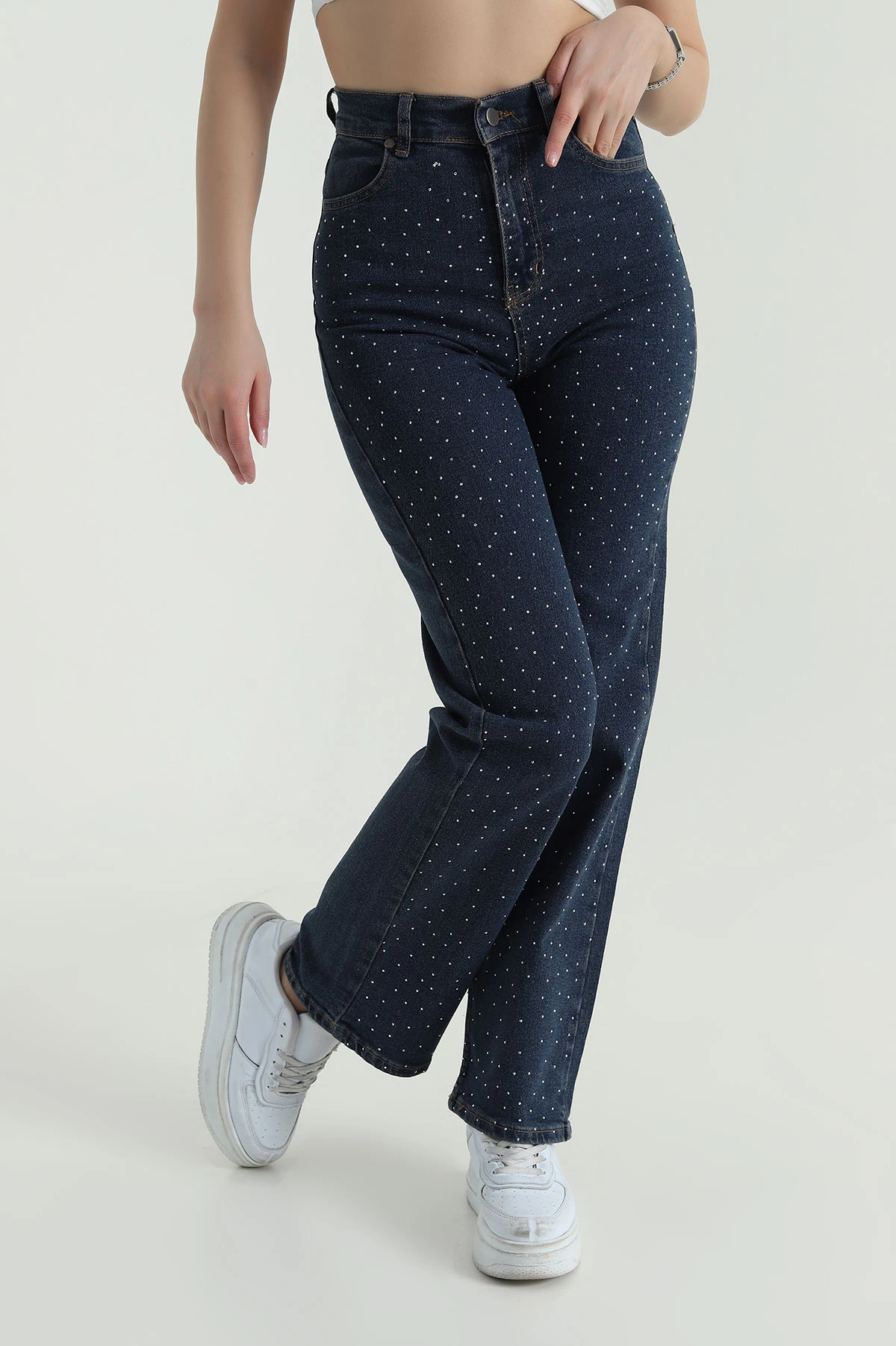 Tint Mavi Taşlı Likralı Palazzo Kadın Kot Pantolon 420783